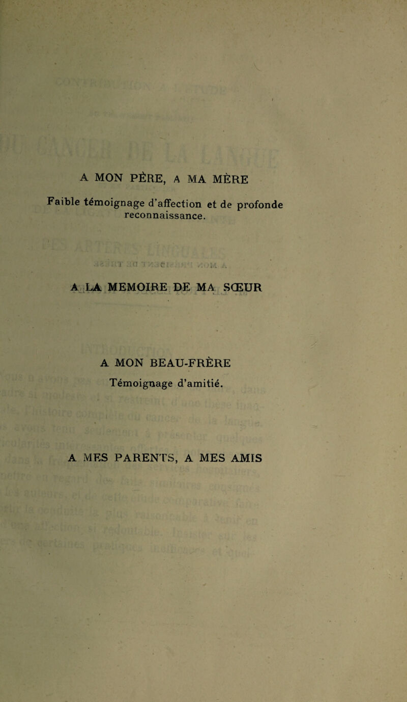 I A MON PÈRE, A MA MÈRE Faible témoignage d’affection et de profonde reconnaissance. • i - ’ V .... .. A LA MEMOIRE DE MA SŒUR * . * . V . •. . . * . A MON BEAU-FRÈRE Témoignage d’amitié. A MES PARENTS, A MES AMIS