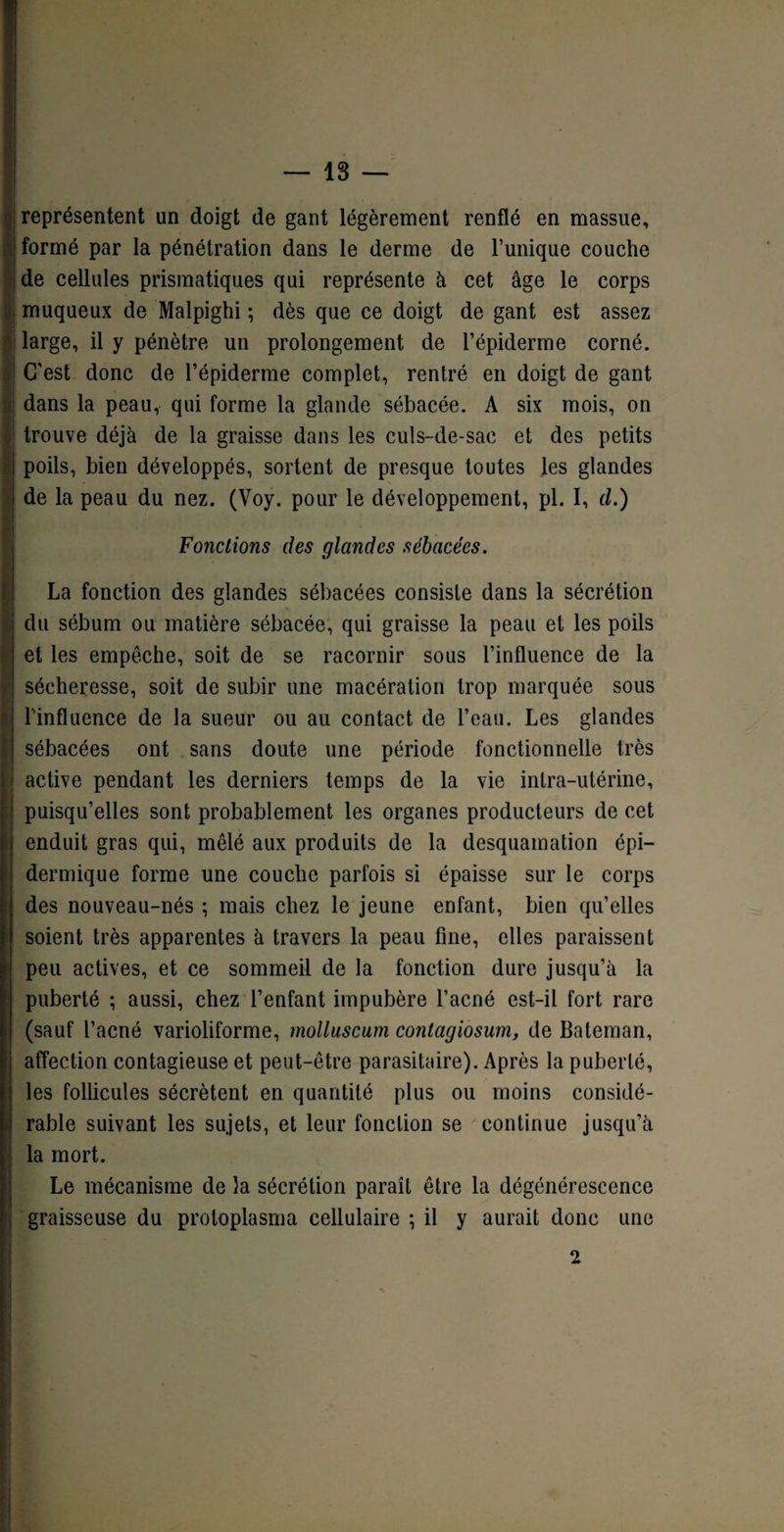 représentent un doigt de gant légèrement renflé en massue, formé par la pénétration dans le derme de Tunique couche de cellules prismatiques qui représente à cet âge le corps muqueux de Malpighi ; dès que ce doigt de gant est assez large, il y pénètre un prolongement de l’épiderme corné. C'est donc de l’épiderme complet, rentré en doigt de gant dans la peau, qui forme la glande sébacée. A six mois, on trouve déjà de la graisse dans les culs-de-sac et des petits poils, bien développés, sortent de presque toutes les glandes de la peau du nez. (Voy. pour le développement, pl. I, d.) Fonctions des glandes sébacées. La fonction des glandes sébacées consiste dans la sécrétion du sébum ou matière sébacée, qui graisse la peau et les poils et les empêche, soit de se racornir sous l’influence de la sécheresse, soit de subir une macération trop marquée sous l'influence de la sueur ou au contact de l’eau. Les glandes sébacées ont sans doute une période fonctionnelle très active pendant les derniers temps de la vie intra-utérine, puisqu’elles sont probablement les organes producteurs de cet enduit gras qui, mêlé aux produits de la desquamation épi¬ dermique forme une couche parfois si épaisse sur le corps des nouveau-nés ; mais chez le jeune enfant, bien qu’elles soient très apparentes à travers la peau fine, elles paraissent peu actives, et ce sommeil de la fonction dure jusqu’à la puberté ; aussi, chez l’enfant impubère l’acné est-il fort rare (sauf l’acné varioliforme, molluscum contagiosum, de Bateman, affection contagieuse et peut-être parasitaire). Après la puberté, les follicules sécrètent en quantité plus ou moins considé¬ rable suivant les sujets, et leur fonction se continue jusqu’à la mort. Le mécanisme de la sécrétion paraît être la dégénérescence graisseuse du protoplasma cellulaire ; il y aurait donc une 2