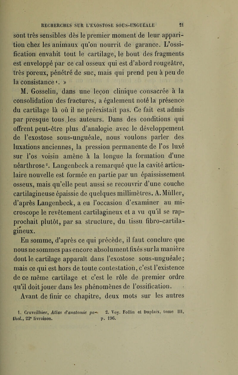 sont très sensibles dès le premier moment de leur appari¬ tion chez les animaux qu’on nourrit de garance. L’ossi¬ fication envahit tout le cartilage, le bout des fragments est enveloppé par ce cal osseux qui est d’abord rougeâtre, très poreux, pénétré de suc, mais qui prend peu à peu de la consistance *. » M. Gosselin, dans une leçon clinique consacrée à la consolidation des fractures, a également noté la présence du cartilage là où il ne préexistait pas. Ce fait est admis par presque tous.les auteurs. Dans des conditions qui offrent peut-être plus d’analogie avec le développement de l’exostose sous-unguéale, nous voulons parler des luxations anciennes, la pression permanente de l’os luxé sur l’os voisin amène à la longue la formation d’une néarthrose2. Langenbeck a remarqué que la cavité articu¬ laire nouvelle est formée en partie par un épaississement osseux, mais qu’elle peut aussi se recouvrir d’une couche cartilagineuse épaissie de quelques millimètres. A. Millier, d’après Langenbeck, a eu l’occasion d’examiner au mi¬ croscope le revêtement cartilagineux et a vu qu’il se rap¬ prochait plutôt, par sa structure, du tissu fibro-cartila- gineux. En somme, d’après ce qui précède, il faut conclure que nous ne sommes pas encore absolument fixés surla manière dont le cartilage apparaît dans l’exostose sous-unguéale; mais ce qui est hors de toute contestation, c’est l’existence de ce même cartilage et c’est le rôle de premier ordre qu’il doit jouer dans les phénomènes de l’ossification. Avant de finir ce chapitre, deux mots sur les autres 1. Cruveilhier, Atlas d’anatomie pa■+> 2. Voy. Follin et Duplaix, tome III, thol., 23* livraison. p. 196.