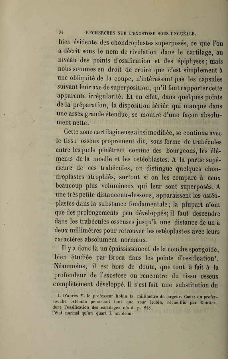 bien évidente des chondroplastes superposés, ce que l’on a décrit sous le nom de rivulation dans le cartilage, au niveau des points d’ossification et des épiphyses ; mais nous sommes en droit de croire que c’est simplement à une obliquité de la coupe, n’intéressant pas les capsules suivant leur axe de superposition, qu’il faut rapporter cette apparente irrégularité. Et en effet, dans quelques points delà préparation, la disposition sériée qui manque dans une assez grande étendue, se montre d’une façon absolu¬ ment nette. Cette zone cartilagineuse ainsi modifiée, se continue avec le tissu osseux proprement dit, sous forme de trabécules entre lesquels pénètrent comme des bourgeons, les élé¬ ments de la moelle et les ostéoblastes. A la partie supé¬ rieure de ces trabécules, on distingue quelques chon¬ droplastes atrophiés, surtout si on les compare à ceux beaucoup plus volumineux qui leur sont superposés. A une très petite distance au-dessous, apparaissent les ostéo- plastes dans la substance fondamentale; la plupart n’ont que des prolongements peu développés; il faut descendre dans les trabécules osseuses jusqu’à une distance de un à deux millimètres pour retrouver les ostéoplastes avec leurs caractères absolument normaux. Il y a donc là un épaississement de la couche spongoïde, bien étudiée par Broca dans les points d’ossification1. Néanmoins, il est hors de doute, que tout à fait à la profondeur de l’exostose on rencontre du tissu osseux complètement développé. Il s’est fait une substitution du 1. D’après M. le professeur Robin la millimètre de largeur. Cours du profes- couche ostéoïde persistant tant que seur Robin, recueillis par Gontier, dure l’ossification des cartilages n’a à p. 218. l’état normal qu’un quart à un demi-