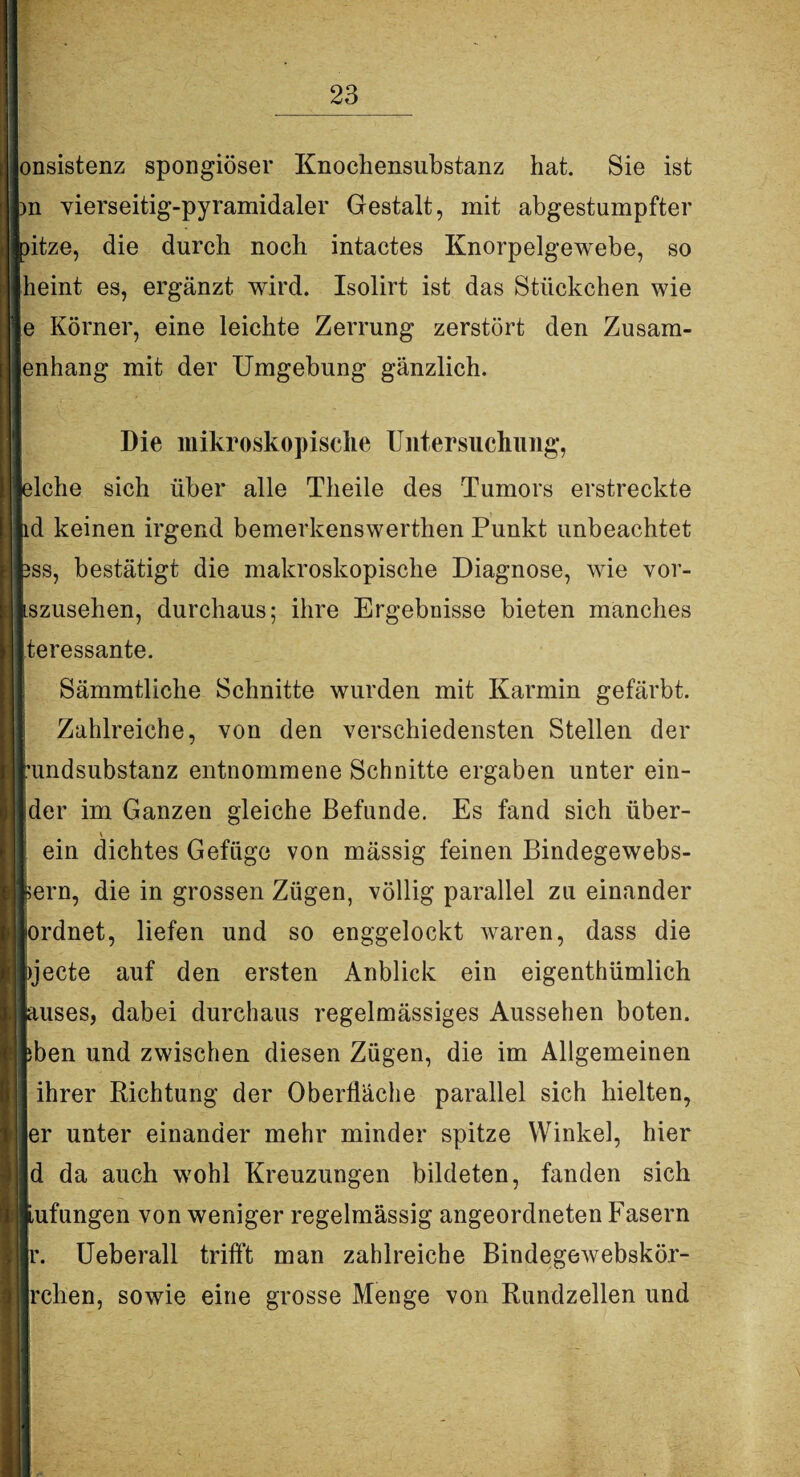 onsistenz spongiöser Knochensubstanz hat. Sie ist hi vierseitig-pyramidaler Gestalt, mit abgestumpfter pitze, die durch noch intactes Knorpelgewebe, so heint es, ergänzt wird. Isolirt ist das Stückchen wie e Körner, eine leichte Zerrung zerstört den Zusam¬ enhang mit der Umgebung gänzlich. Die mikroskopische Untersuchung, eiche sich über alle Theile des Tumors erstreckte ld keinen irgend bemerkenswerthen Punkt unbeachtet 3ss, bestätigt die makroskopische Diagnose, wie vor- [szusehen, durchaus; ihre Ergebnisse bieten manches teressante. Sämmtliche Schnitte wurden mit Karmin gefärbt. Zahlreiche, von den verschiedensten Stellen der amdsubstanz entnommene Schnitte ergaben unter ein- ider im Ganzen gleiche Befunde. Es fand sich über- V ein dichtes Gefüge von mässig feinen Bindegewebs- pern, die in grossen Zügen, völlig parallel zu einander ordnet, liefen und so enggelockt waren, dass die »jecte auf den ersten Anblick ein eigenthümlich auses, dabei durchaus regelmässiges Aussehen boten, jben und zwischen diesen Zügen, die im Allgemeinen ihrer Richtung der Oberfläche parallel sich hielten, er unter einander mehr minder spitze Winkel, hier d da auch wohl Kreuzungen bildeten, fanden sich i iufungen von weniger regelmässig angeordneten Fasern f r. Ueberall trifft man zahlreiche Bindegewebskör- rchen, sowie eine grosse Menge von Rundzellen und