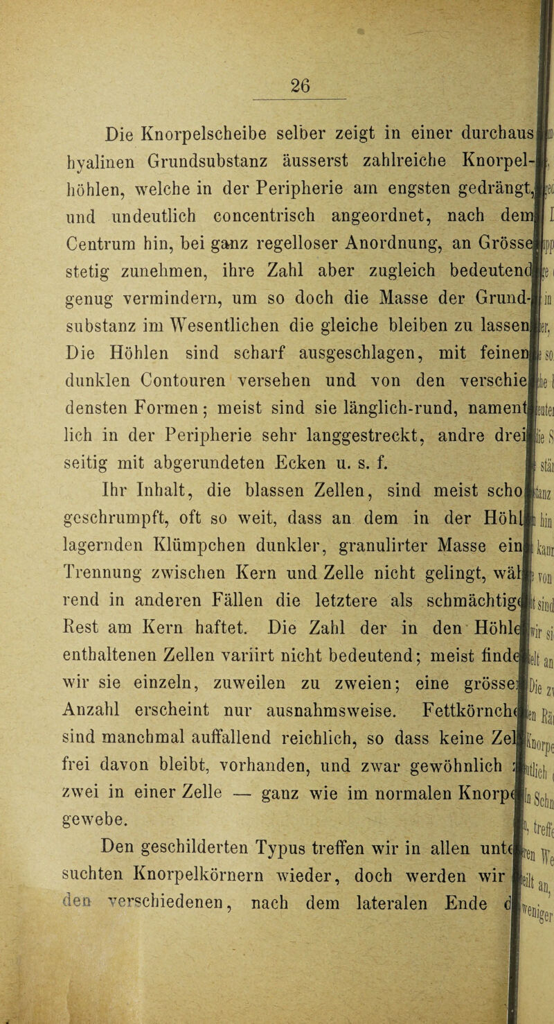 Die Knorpelscheibe selber zeigt in einer durchaus hyalinen Grundsubstanz äusserst zahlreiche Knorpel¬ höhlen, welche in der Peripherie am engsten gedrängt,; und undeutlich concentrisch angeordnet, nach dem|| I Centrum hin, bei ganz regelloser Anordnung, an Gross stetig zunehmen, ihre Zahl aber zugleich bedeutendlb genug vermindern, um so doch die Masse der Grund-|;iD Substanz im Wesentlichen die gleiche bleiben zu lassen Die Höhlen sind scharf ausgeschlagen, mit feine dunklen Contouren versehen und von den verschiebe t densten Formen; meist sind sie länglich-rund, namentleufei lieh in der Peripherie sehr langgestreckt, andre dreipeS seitig mit abgerundeten Ecken u. s. f. Ihr Inhalt, die blassen Zellen, sind meist scho geschrumpft, oft so weit, dass an dem in der Höh lagernden Klümpchen dunkler, granulirter Masse ein Trennung zwischen Kern und Zelle nicht gelingt, wäll rend in anderen Fällen die letztere als schmächtig^siud Rest am Kern haftet. Die Zahl der in den Höhl enthaltenen Zellen variirt nicht bedeutend; meist finde! wir sie einzeln, zuweilen zu zweien; eine grössepDjg2] Anzahl erscheint nur ausnahmsweise. Fettkörnchcj sind manchmal aulfallend reichlich, so dass keine Zelll^ frei davon bleibt, vorhanden, und zwar gewöhnlich :[ zwei in einer Zelle — ganz wie im normalen Knorp gewebe. Den geschilderten Typus trelfen wir in allen unt(| suchten Knorpelkörnern wieder, doch werden wir den verschiedenen, nach dem lateralen Ende dl iin hör von wir si, an h Hg] h Schi] treffe iieji ]jTe ail> er