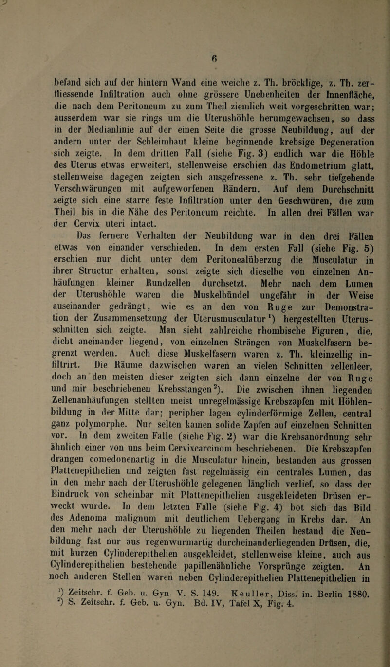 befand sich auf der hintern Wand eine weiche z. Th. bröcklige, z. Th. zer¬ fressende Infiltration auch ohne grössere Unebenheiten der Innenfläche, die nach dem Peritoneum zu zum Theil ziemlich weit vorgeschritten war; ausserdem war sie rings um die Uterushöhle herumgewachsen, so dass in der Medianlinie auf der einen Seite die grosse Neubildung, auf der andern unter der Schleimhaut kleine beginnende krebsige Degeneration sich zeigte. In dem dritten Fall (siehe Fig. 3) endlich war die Höhle des Uterus etwas erweitert, stellenweise erschien das Endometrium glatt, stellenweise dagegen zeigten sich ausgefressene z. Th. sehr tiefgehende Verschwärungen mit aufgeworfenen Rändern. Auf dem Durchschnitt zeigte sich eine starre feste Infiltration unter den Geschwüren, die zum Theil bis in die Nähe des Peritoneum reichte. In allen drei Fällen war der Cervix Uteri intact. Das fernere Verhalten der Neubildung war in den drei Fällen etwas von einander verschieden. In dem ersten Fall (siehe Fig. 5) erschien nur dicht unter dem Peritonealüberzug die Musculatur in ihrer Structur erhalten, sonst zeigte sich dieselbe vou einzelnen An¬ häufungen kleiner Rundzellen durchsetzt. Mehr nach dem Lumen der Uterushöhle waren die Muskelbündel ungefähr in der Weise auseinander gedrängt, wie es an den von Rüge zur Demonstra¬ tion der Zusammensetzung der Uterusmuseulatur *) hergestellten Uterus¬ schnitten sich zeigte. Man sieht zahlreiche rhombische Figuren, die, dicht aneinander liegend, von einzelnen Strängen von Muskelfasern be¬ grenzt werden. Auch diese Muskelfasern waren z. Th. kleinzellig in- filtrirt. Die Räume dazwischen waren an vielen Schnitten zellenleer, doch an den meisten dieser zeigten sich dann einzelne der von Rüge und mir beschriebenen Ivrebsstangen2). Die zwischen ihnen liegenden Zellenanhäufungen stellten meist unregelmässige Krebszapfen mit Höhlen¬ bildung in der Mitte dar; peripher lagen cylinderförmige Zellen, central ganz polymorphe. Nur selten kamen solide Zapfen auf einzelnen Schnitten vor. In dem zweiten Falle (siehe Fig. 2) war die Krebsanordnung sehr ähnlich einer von uns beim Cervixcarcinom beschriebenen. Die Krebszapfen drangen comedonenartig in die Musculatur hinein, bestanden aus grossen Plattenepithelien und zeigten fast regelmässig ein centrales Lumen, das in den mehr nach der Uterushöhle gelegenen länglich verlief, so dass der Eindruck von scheinbar mit Plattenepithelien ausgekleideten Drüsen er¬ weckt wurde. In dem letzten Falle (siehe Fig. 4) bot sich das Rild des Adenoma malignum mit deutlichem Uebergang in Krebs dar. An den mehr nach der Uterushöhle zu liegenden Theilen bestand die Neu¬ bildung fast nur aus regenwurmartig durcheinanderliegenden Drüsen, die, mit kurzen Cylinderepithelien ausgekleidet, stellenweise kleine, auch aus Cylinderepithelien bestehende papillenähnliche Vorsprünge zeigten. An noch anderen Stellen waren neben Cylinderepithelien Plattenepithelien in ') Zeitschr. f. Geb. u. Gyn. V. S. 149. Keuller, Diss. in. Berlin 1880. 2) S. Zeitschr. f. Geb. u. Gyn. Bd. IV, Tafel X, Fig. 4.