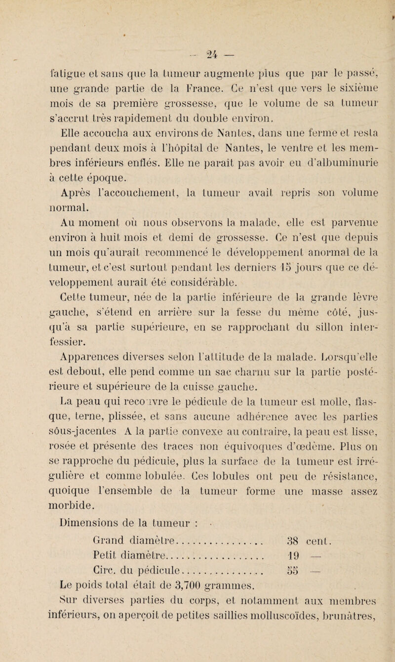 fatigue et sans que la tumeur augmente plus que par le passé, une grande partie de la France. Ce n’est que vers le sixième mois de sa première grossesse, que le volume de sa tumeur s’accrut très rapidement du double environ. Elle accoucha aux environs de Nantes, dans une ferme et resta pendant deux mois à l’hôpital de Nantes, le ventre et les mem¬ bres inférieurs enflés. Elle ne paraît pas avoir eu d'albuminurie à cette époque. Après l’accouchement, la tumeur avait repris son volume normal. Au moment où nous observons la malade, elle est parvenue environ à huit mois et demi de grossesse. Ce n’est que depuis un mois qu'aurait recommencé le développement anormal de la tumeur, et c’est surtout pendant les derniers 15 jours que ce dé¬ veloppement aurait été considérable. Cette tumeur, née de la partie inférieure de la grande lèvre gauche, s’étend en arrière sur la fesse du même côté, jus¬ qu’à sa partie supérieure, en se rapprochant du sillon inter¬ fessier. Apparences diverses selon l’attitude de la malade. Lorsqu’elle est debout, elle pend comme un sac charnu sur la partie posté¬ rieure et supérieure de la cuisse gauche. La peau qui recouvre le pédicule de la tumeur est molle, flas¬ que, terne, plissée, et sans aucune adhérence avec les parties sôus-jacentes A la partie convexe au contraire, la peau est lisse, rosée et présente des traces non équivoques d’œdème. Plus on se rapproche du pédicule, plus la surface de la tumeur est irré¬ gulière et comme lobulée. Ces lobules ont peu de résistance, quoique l’ensemble de la tumeur forme une masse assez morbide. Dimensions de la tumeur : • Grand diamètre. 38 cent. Petit diamètre.. 19 — Cire, du pédicule. 55 — Le poids total était de 3,700 grammes. Sur diverses parties du corps, et notamment aux membres inférieurs, on aperçoit de petites saillies molluseoïdes, brunâtres,