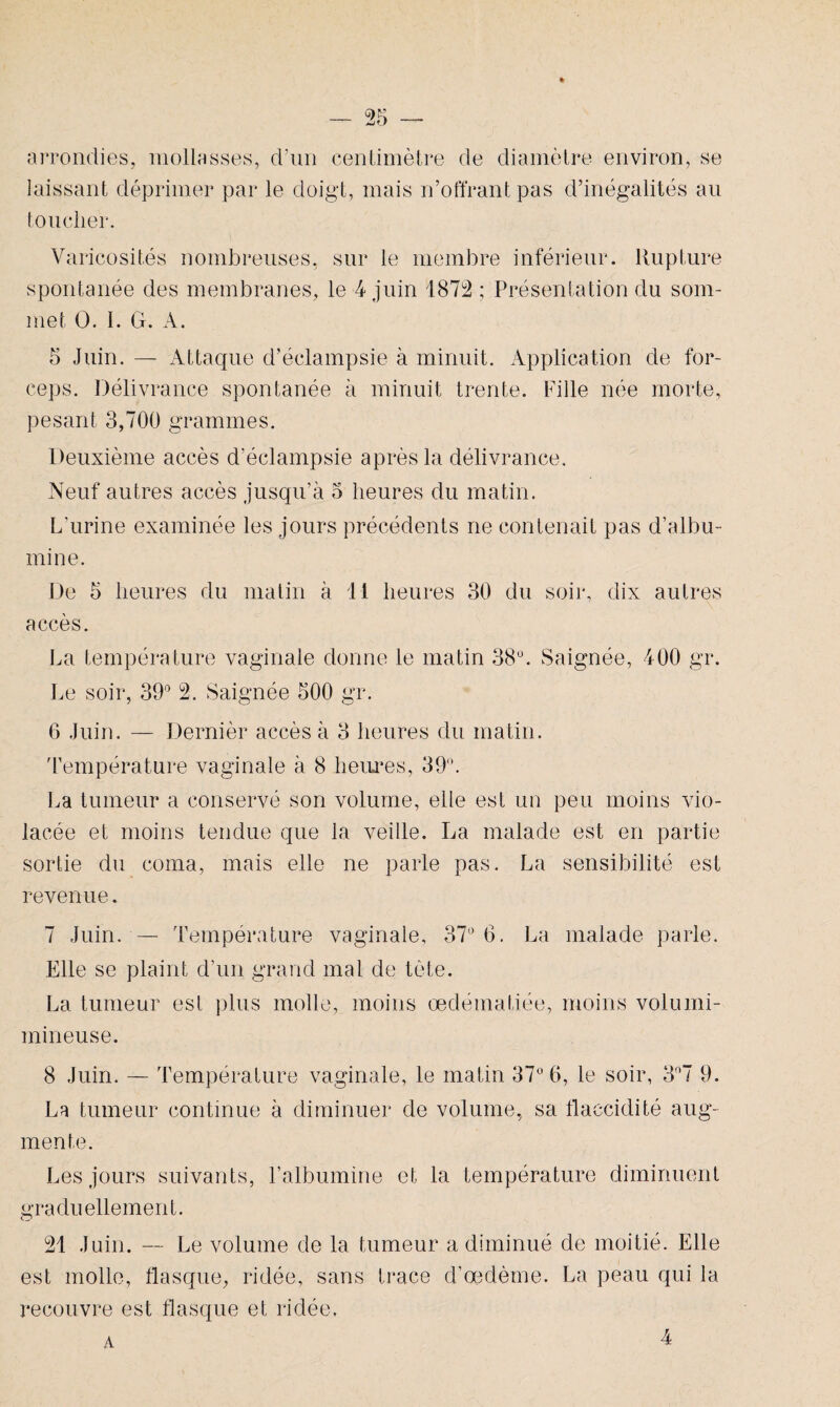 arrondies, mollasses, d’un centimètre de diamètre environ, se laissant déprimer par le doigt, mais n’offrant pas d’inégalités au toucher. Varicosités nombreuses, sur le membre inférieur. Rupture spontanée des membranes, le 4 juin 1872 ; Présentation du som¬ met O. I. G. A. 5 Juin. — Attaque d’éclampsie à minuit. Application de for¬ ceps. Délivrance spontanée à minuit trente. Fille née morte, pesant 3,700 grammes. Deuxième accès d’éclampsie après la délivrance. Neuf autres accès jusqu’à 3 heures du matin. L'urine examinée les jours précédents ne contenait pas d’albu¬ mine. De 5 heures du matin à 11 heures 30 du soir, dix autres accès. La température vaginale donne le matin 38ü. Saignée, 400 gr. Le soir, 39° 2. Saignée 500 gr. 6 Juin. — Dernièr accès à 3 heures du matin. Température vaginale à 8 heures, 39°. La tumeur a conservé son volume, eile est un peu moins vio¬ lacée et moins tendue que la veille. La malade est en partie sortie du coma, mais elle ne parle pas. La sensibilité est revenue. 7 Juin. — Température vaginale, 37l> 6. La malade parle. Elle se plaint d’un grand mal de tète. La tumeur est plus molle, moins œdématiée, moins volumi- mineuse. 8 Juin. — Température vaginale, le matin 37° 6, le soir, 3°7 9. La tumeur continue à diminuer de volume, sa flaccidité aug¬ mente. Les jours suivants, l’albumine et la température diminuent graduellement. 21 Juin. — Le volume de la tumeur a diminué de moitié. Elle est molle, flasque, ridée, sans trace d’œdème. La peau qui la recouvre est flasque et ridée. A 4