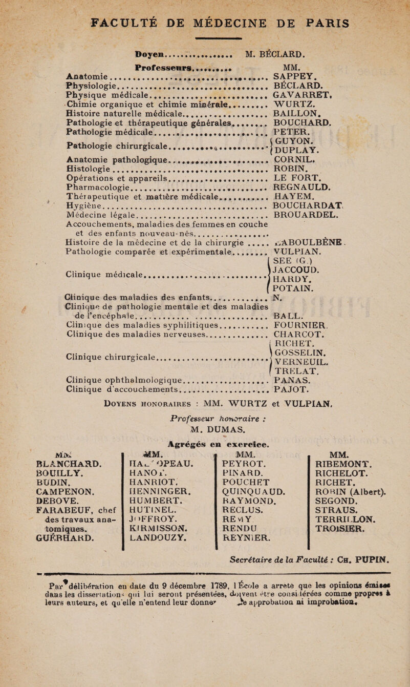 / FACULTÉ DE MÉDECINE DE PARIS Doyen.. M. BÉCLARD. Professeurs... MM. Anatomie.... SAPPEY. Physiologie.. ••••••••• BÉCLARD. Physique médicale.. GAVARRET, Chimie organique et chimie minérale.. WURTZ, Histoire naturelle médicale. BAILLON. Pathologie et thérapeutique générales........ BOUCHARD. Pathologie médicale.... PETER. Pathologie chirurgicale.. ..• j ^ U P LA Y. Anatomie pathologique.... CORNIL. Histologie. ROBIN. Opérations et appareils... LE FORT. Pharmacologie.. REGNAULD. Thérapeutique et matière médicale... HAYEM. Hygiène. BOUCHARD AT, Médecine légale. BROUARDEL. Accouchements, maladies des femmes en couche et des enfants nouveau-nés... Histoire de la médecine et de la chirurgie. Pathologie comparée et expérimentale. Clinique médicale..j Clinique des maladies des enfants. Clinique de pathologie mentale et des maladies de l’encé Ph*le. Clinique des maladies syphilitiques..,. Clinique des maladies nerveuses... Clinique chirurgicale... Clinique ophthalmologique. Clinique d’accouchements..... jdABOULBÈNE. VULPIAN. [ SEE (G.) ) JACCOUD. HARDY. POTAIN. N. BALL. FOURNIER. CHARCOT. [ RICHET. ) GOSSELIN. } VERNEUIL. f TRELAT. PANAS. PAJOT. Doyens honoraires : MM. WURTZ et VULPIAN, Professeur honoraire : M. DUMAS. Agrégés en exercice. MM MM. MM. MM. BLANCHARD. TlAi_ ' OPE AU. PEYROT. RIBEMONT. BOUILLY. HANO a. PINARD. RICHELOT. BUDIN. HANRIOT. POUCHET RICHET. CAMPENON. I1ENNINGER. QUINQUAUD. ROBIN (Albert). DEBOVE. HUMBERT. RAYMOND. SEGOND. FARABEUF, chef HUTINEL. RECLUS. STRAUS. des travaux ana¬ J< >FFROY. RE vi Y TERRI LLON. tomiques. GUËRHARD. KIRMISSON. LANDOUZY. RENDU REYNIER. TROiSIER. Secrétaire de la Faculté : Ch. PIJPIN. Par délibération en date du 9 décembre 1789, 1 École a arreté que les opinions émises dans les dissertation' qui lai seront présentées, doivent être considérées comme propres à leurs auteurs, et qu elle n’entend leur donne’’ approbation ni improbation.