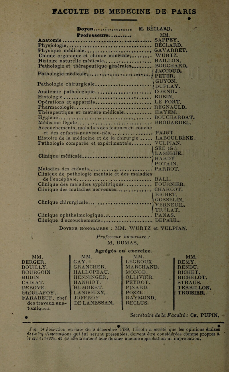 FACULTE DE MEDECINE DE PARIS Doyen.... M. BÉCLARD. Professeurs...». MM. Anatomie...SAPPEY. Physiologie.. BÉCLARD. Physique médicale.» GAVARRET, Chimie organique et chimie minérale.WURTZ. Histoire naturelle médicale. BAILLON. Pathologie et thérapeutique générales.. BOUCHARD. p ,i » ».• i ( Jaccoud. I GUYON. Pathologie chirurgicale.....j AY Anatomie pathologique... CORNIL. Histologie. ROBIN. Opérations et appareils. LE FORT. Pharmacologie.. REGNAULD. Thérapeutique et matière médicale. HAYEM. Hygiène... BOUCHARDAT. Médecine légale. BROUARDEL. Accouchements, maladies des femmes en couche et des enfants^ nouveau-nés. PAJOT. Histoire de la médecine et de la chirurgie.LABOULBÈNE, Pathologie comparée et expérimentale. VULPIAN. I SEE (G.) pu • » j ■ i \ Lasègue, Clinique medicale.......j yRoy f POTAIN. Maladies des enfants.PARROT. Clinique de pathologie mentale et des maladies de l’encéphale. BALL. Clinique des maladies syphilitiques..,. FOURNIER, Clinique des maladies nerveuses..'. CHARCOT. I RICHET. , \ GOSSELIN. Clinique chirurgicale... ..*,jVeRNEUIL f TR KL AT. Clinique ophthalmologique.PANAS. Clinique d’accouchements. DEPAUL. Doyens honoraires : MM. WURTZ et VULPIAN. Professeur honoraire : M. DUMAS. Agrégés en exercice. MM. MM. MM. MM. BERGER. GAY. LEGROUX REMY. BOUILLY. GRANCHER. MARCHAND. RENDU. BOURG OIN HALLOPEAU. MONOD. RICHET. BUDIN. HENNINGER. OLLIVIER. RICHELOT. CADIAT. HAN RIO T. PEYROT. STRAUS. DEBOVE. HUMBERT. PINARD. TERRILLON. BïEÜLAFOY. LAN DO UZ Y. POZZI. TROISIER. FARABEUF, chef JO FF RO Y. RAYMOND. .des travaux ana- tomiquc.*. DE LANESSAN. RECLUS. « , Secrétaire de la Faculté : Ch. PUPIN i t.i, JA ô b U-ïXiun eu date du G décembre 1789, 1 Écolo a arrêté que les opinions émises diwwrtatîoiss qui lui seront présentées, doivent être considérées comme propres à !c .T» '7<V>77Jc, et «aVue «'entend leur donner aucune approbation ni improbation.