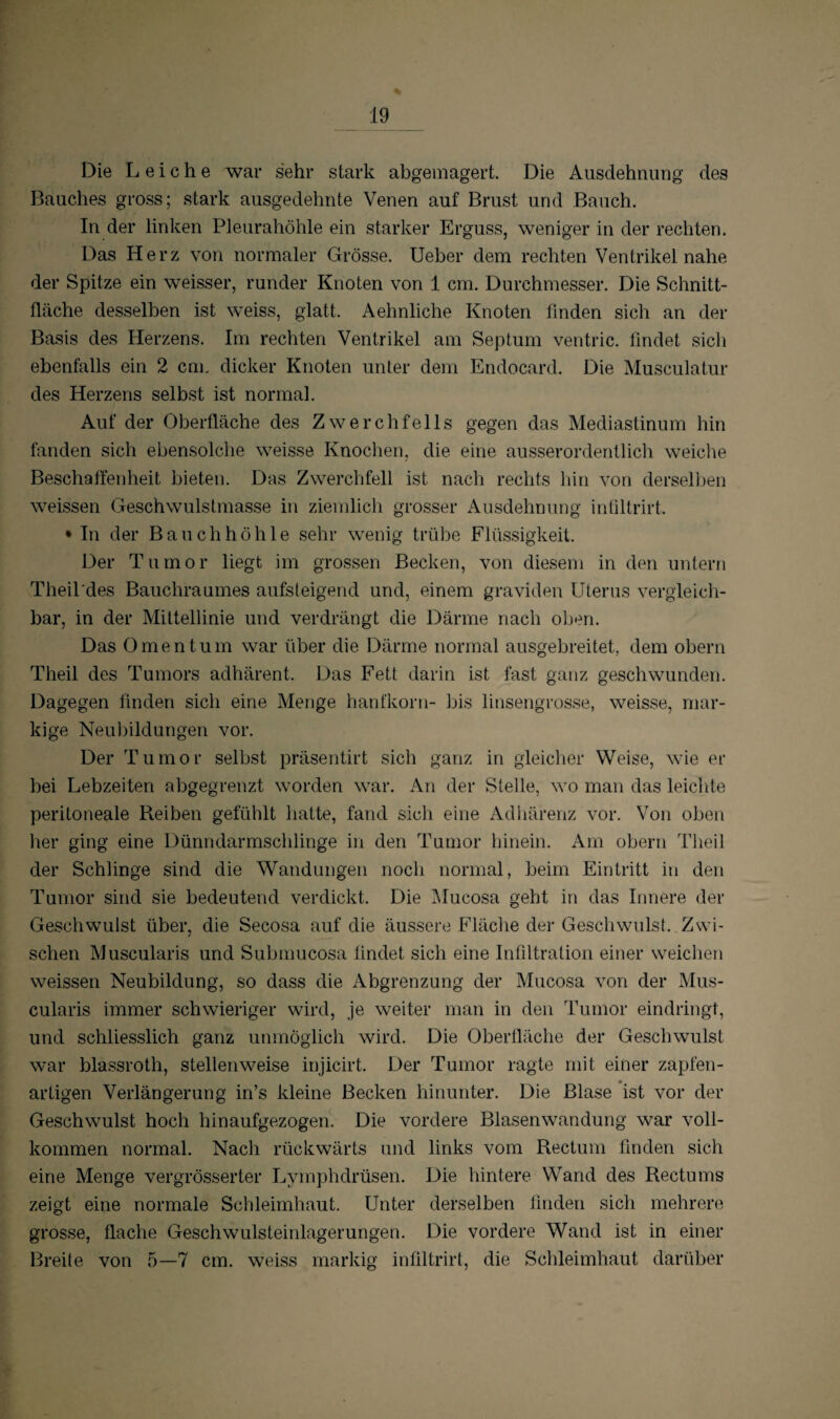 Die Leiche war sehr stark abgemagert. Die Ausdehnung des Bauches gross; stark ausgedehnte Venen auf Brust und Bauch. In der linken Pleurahöhle ein starker Erguss, weniger in der rechten. Das Herz von normaler Grösse. Ueber dem rechten Ventrikel nahe der Spitze ein weisser, runder Knoten von 1 cm. Durchmesser. Die Schnitt¬ fläche desselben ist weiss, glatt. Aehnliche Knoten finden sich an der Basis des Herzens. Im rechten Ventrikel am Septum ventric. findet sich ebenfalls ein 2 cql dicker Knoten unter dem Endocard. Die Musculatur des Herzens selbst ist normal. Auf der Oberfläche des Zwerchfells gegen das Mediastinum hin fanden sich ebensolche weisse Knochen, die eine ausserordentlich weiche Beschaffenheit bieten. Das Zwerchfell ist nach rechts hin von derselben weissen Geschwulstmasse in ziemlich grosser Ausdehnung inültrirt. • In der Bauchhöhle sehr wenig trübe Flüssigkeit. Der Tumor liegt im grossen Becken, von diesem in den untern Theil'des Bauchraumes aufsteigend und, einem graviden Uterus vergleich¬ bar, in der Mittellinie und verdrängt die Därme nach oben. Das Omentum war über die Därme normal ausgebreitet, dem obern Theil des Tumors adhärent. Das Fett darin ist fast ganz geschwunden. Dagegen finden sich eine Menge hanfkorn- bis linsengrosse, weisse, mar¬ kige Neubildungen vor. Der Tumor selbst präsentirt sich ganz in gleicher Weise, wie er bei Lebzeiten abgegrenzt worden war. An der Stelle, wo man das leichte peritoneale Reiben gefühlt hatte, fand sich eine Adhärenz vor. Von oben her ging eine Dünndarmschlinge in den Tumor hinein. Am obern Theil der Schlinge sind die Wandungen noch normal, beim Eintritt in den Tumor sind sie bedeutend verdickt. Die Mucosa geht in das Innere der Geschwulst über, die Secosa auf die äussere Fläche der Geschwulst. Zwi¬ schen Muscularis und Submucosa findet sich eine Infiltration einer weichen weissen Neubildung, so dass die Abgrenzung der Mucosa von der Mus¬ cularis immer schwieriger wird, je weiter man in den Tumor eindringt, und schliesslich ganz unmöglich wird. Die Oberfläche der Geschwulst war blassroth, stellenweise injicirt. Der Tumor ragte mit einer zapfen¬ artigen Verlängerung in’s kleine Becken hinunter. Die Blase ist vor der Geschwulst hoch hinaufgezogen. Die vordere Blasenwandung war voll¬ kommen normal. Nach rückwärts und links vom Rectum finden sich eine Menge vergrösserter Lymphdrüsen. Die hintere Wand des Rectums zeigt eine normale Schleimhaut. Unter derselben finden sich mehrere grosse, flache Geschwulsteinlagerungen. Die vordere Wand ist in einer Breite von 5—7 cm. weiss markig infiltrirt, die Schleimhaut darüber