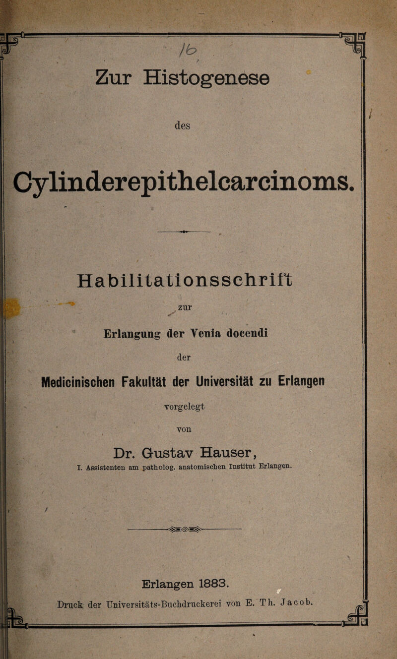 des Cylinderepithelcarcinoms. Habilitationsschrift zur Erlangung der Yenia docendi der Medicinischen Fakultät der Universität zu Erlangen vorgelegt von Dr. Gustav Hauser, I. Assistenten am patholog. anatomischen Institut Erlangen Erlangen 1883. Druck der Universitäts-Buchdruckerei von E. Th. Jacob.