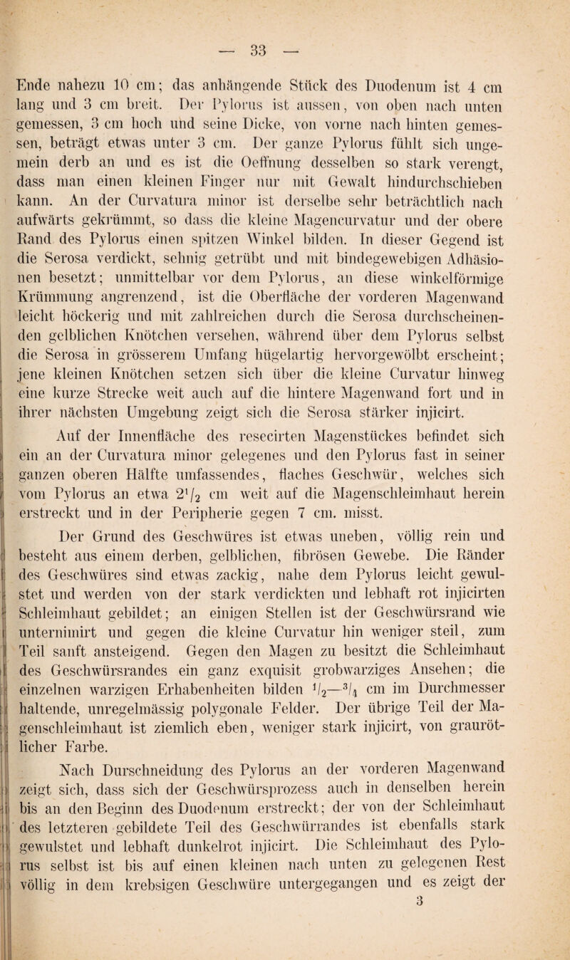 Ende nahezu 10 cm; das anhängende Stück des Duodenum ist 4 cm lang und 3 cm breit. Der Pylorus ist aussen, von oben nach unten gemessen, 3 cm hoch und seine Dicke, von vorne nach hinten gemes¬ sen, beträgt etwas unter 3 cm. Der ganze Pylorus fühlt sich unge¬ mein derb an und es ist die Oeffnung desselben so stark verengt, dass man einen kleinen Finger nur mit Gewalt hindurchschieben kann. An der Curvatura minor ist derselbe sehr beträchtlich nach aufwärts gekrümmt, so dass die kleine Magencurvatur und der obere Rand des Pylorus einen spitzen Winkel bilden. In dieser Gegend ist die Serosa verdickt, sehnig getrübt und mit bindegewebigen Adhäsio¬ nen besetzt; unmittelbar vor dem Pylorus, an diese winkelförmige Krümmung angrenzend, ist die Oberfläche der vorderen Magenwand leicht höckerig und mit zahlreichen durch die Serosa durchscheinen¬ den gelblichen Knötchen versehen, während über dem Pylorus selbst die Serosa in grösserem Umfang hügelartig hervorgewölbt erscheint; jene kleinen Knötchen setzen sich über die kleine Curvatur hinweg eine kurze Strecke weit auch auf die hintere Magenwand fort und in ihrer nächsten Umgebung zeigt sich die Serosa stärker injicirt. Auf der Innenfläche des resecirten Magenstückes befindet sich ein an der Curvatura minor gelegenes und den Pylorus fast in seiner ganzen oberen Hälfte umfassendes, flaches Geschwür, welches sich vom Pylorus an etwa 2[l2 cm weit auf die Magenschleimhaut herein erstreckt und in der Peripherie gegen 7 cm. misst. Der Grund des Geschwüres ist etwas uneben, völlig rein und besteht aus einem derben, gelblichen, fibrösen Gewebe. Die Ränder des Geschwüres sind etwas zackig, nahe dem Pylorus leicht gewul- stet und werden von der stark verdickten und lebhaft rot injicirten : Schleimhaut gebildet; an einigen Stellen ist der Geschwürsrand wie i unternimmt und gegen die kleine Curvatur hin weniger steil, zum ’ Teil sanft ansteigend. Gegen den Magen zu besitzt die Schleimhaut des Geschwürsrandes ein ganz exquisit grobwarziges Ansehen; die einzelnen warzigen Erhabenheiten bilden b2—314 cm im Durchmesser haltende, unregelmässig polygonale Felder. Der übrige Teil der Ma- i genschleimhaut ist ziemlich eben, weniger stark injicirt, von grauröt¬ licher Farbe. Nach Durschneidung des Pylorus an der vorderen Magenwand zeigt sich, dass sich der Geschwürsprozess auch in denselben herein bis an den Beginn des Duodenum erstreckt; der von der Schleimhaut des letzteren gebildete Teil des Geschwürrandes ist ebenfalls stark gewulstet und lebhaft dunkelrot injicirt. Die Schleimhaut des Pylo¬ rus selbst ist bis auf einen kleinen nach unten zu gelegenen Rest völlig in dem krebsigen Geschwüre untergegangen und es zeigt der 3