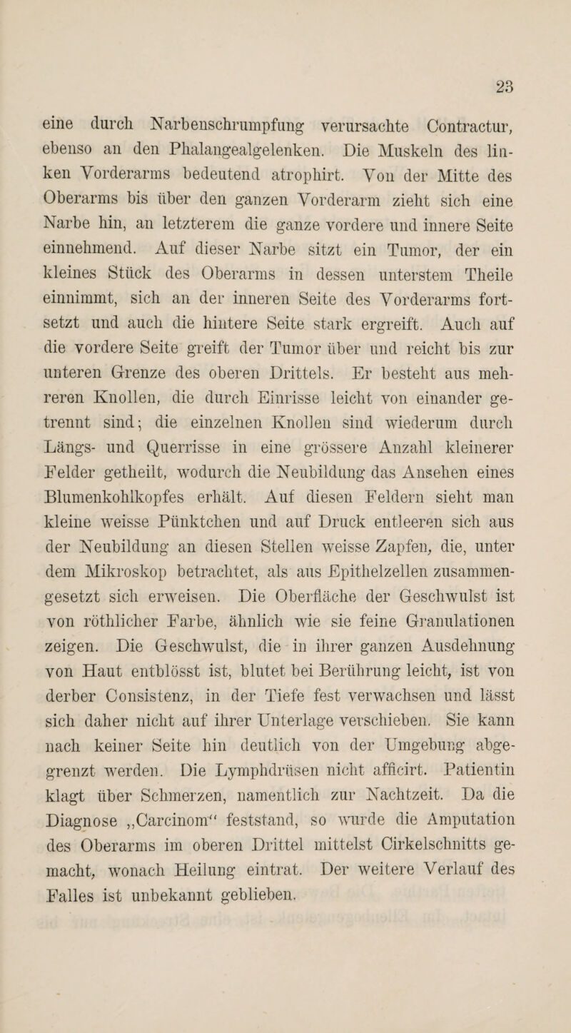 eine durch Narbenschrumpfung verursachte Contractur, ebenso an den Phalangealgelenken. Die Muskeln des lin¬ ken Vorderarms bedeutend atropliirt. Von der Mitte des Oberarms bis über den ganzen Vorderarm zieht sich eine Narbe hin, an letzterem die ganze vordere und innere Seite einnehmend. Auf dieser Narbe sitzt ein Tumor, der ein kleines Stück des Oberarms in dessen unterstem Theile einnimmt, sich an der inneren Seite des Vorderarms fort¬ setzt und auch die hintere Seite stark ergreift. Auch auf die vordere Seite greift der Tumor über und reicht bis zur unteren Grenze des oberen Drittels. Er besteht aus meh¬ reren Knollen, die durch Einrisse leicht von einander ge¬ trennt sind; die einzelnen Knollen sind wiederum durch Längs- und Querrisse in eine grössere Anzahl kleinerer Felder getheilt, wodurch die Neubildung das Ansehen eines Blumenkohlkopfes erhält. Auf diesen Feldern sieht man kleine weisse Pünktchen und auf Druck entleeren sich aus der Neubildung an diesen Stellen weisse Zapfen, die, unter dem Mikroskop betrachtet, als aus Epithelzellen zusammen¬ gesetzt sich erweisen. Die Oberfläche der Geschwulst ist von röthlicher Farbe, ähnlich wie sie feine Granulationen zeigen. Die Geschwulst, die in ihrer ganzen Ausdehnung von Haut entblösst ist, blutet bei Berührung leicht, ist von derber Consistenz, in der Tiefe fest verwachsen und lässt sich daher nicht auf ihrer Unterlage verschieben. Sie kann nach keiner Seite hin deutlich von der Umgebung abge¬ grenzt werden. Die Lymphdriisen nicht afficirt. Patientin klagt über Schmerzen, namentlich zur Nachtzeit. Da die Diagnose „Carcinom“ feststand, so wurde die Amputation des Oberarms im oberen Drittel mittelst Cirkelschnitts ge¬ macht, wonach Heilung eintrat. Der weitere Verlauf des Falles ist unbekannt geblieben.