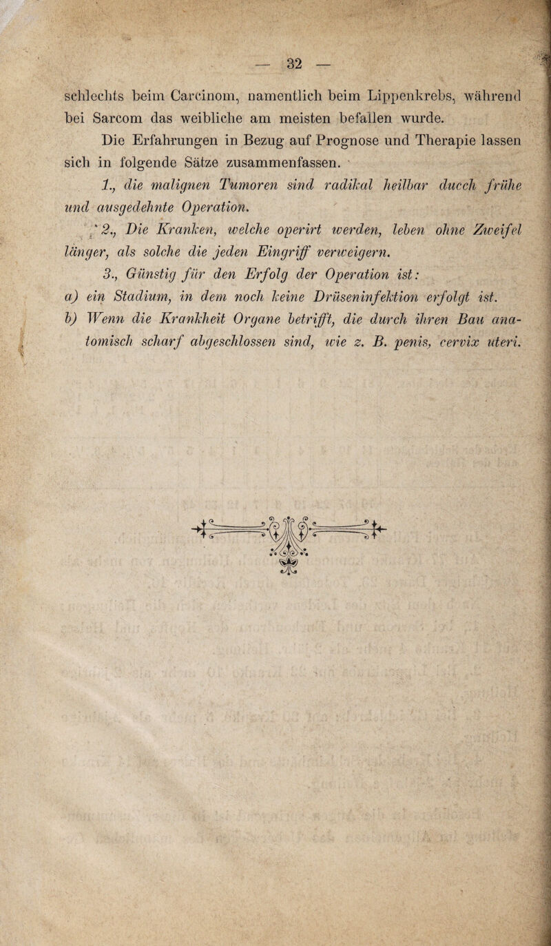 schlechts beim Carcinom, namentlich beim Lippenkrebs, während bei Sarcom das weibliche am meisten befallen wurde. Die Erfahrungen in Bezug auf Prognose und Therapie lassen sich in folgende Sätze zusammenfassen. 1., die malignen Tumoren sind radikal heilbar ducch frühe und ausgedehnte Operation. '2., Die Kranken, welche operirt werden, leben ohne Zweifel länger, als solche die jeden Eingriff verweigern. 3., Günstig für den Erfolg der Operation ist: a) ein Stadium, in dem noch keine Drüseninfektion erfolgt ist. b) Wenn die Krankheit Organe betrifft, die durch ihren Bau ana¬ tomisch scharf abgeschlossen sind, ivie z. B. penis, cervix uteri.