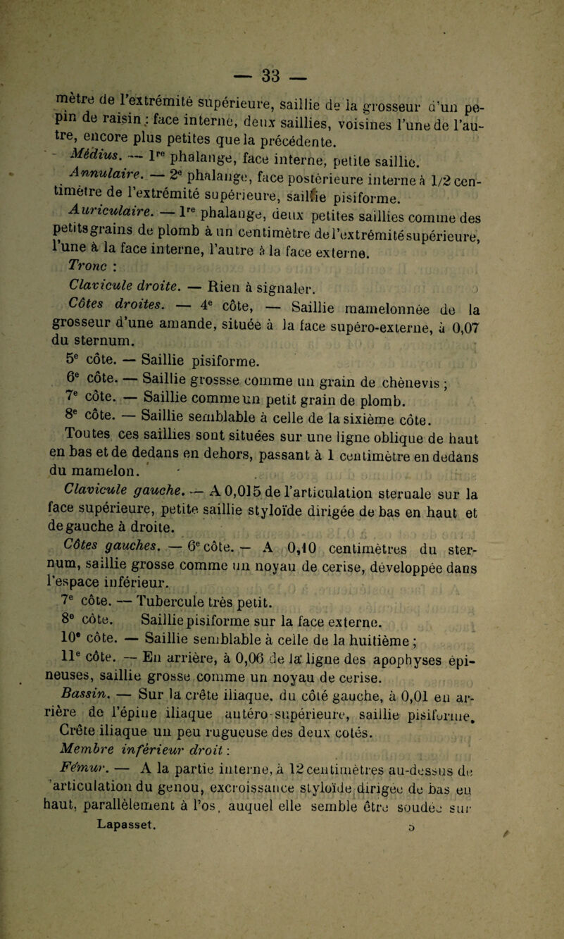 mètre de 1 extrémité supérieure, saillie de la grosseur d’un pé¬ pin de raisin : face interne, deux saillies, voisines l’une de l’au¬ tre, encore plus petites que la précédente. Médius. — lre phalange, face interne, petite saillie. Annulaire. — 2e phalange, face postérieure interne à 1/2 cen¬ timètre de l’extrémité supérieure, sailfie pisiforme. Auriculaire. — lre phalange, deux petites saillies comme des petits grains de plomb à un centimètre de l’extrémité supérieure, l’une à la face interne, l’autre à la face externe. Tronc : Clavicule droite. — Rien à signaler. > Côtes droites. 4e côte, — Saillie mamelonnée de la grosseur d une amande, située à la face supéro-externe, à 0,07 du sternum. 5e côte. — Saillie pisiforme. 6e côte. — Saillie grossse comme un grain de chènevis ; 7e côte. — Saillie comme un petit grain de plomb. 8e côte. Saillie semblable à celle de la sixième côte. Toutes ces saillies sont situées sur une ligne oblique de haut en bas et de dedans en dehors, passant à 1 centimètre en dedans du mamelon. • • 9 - ' ’ • w •.» • if J il t r* Clavicule gauche. — A 0,015 de l’articulation sternale sur la face supérieure, petite saillie styloïde dirigée de bas en haut et de gauche à droite. Côtes gauches. —6e côte. — A 0,10 centimètres du ster¬ num, saillie grosse comme un noyau de cerise, développée dans l’espace inférieur. 7e côte. — Tubercule très petit. 8e côte. Saillie pisiforme sur la face externe. 10e côte. — Saillie semblable à celle de la huitième ; 11e côte. — En arrière, à 0,06 de la* ligne des apophyses épi¬ neuses, saillie grosse comme un noyau de cerise. Bassin. — Sur la crête iliaque, du côté gauche, à 0,01 en ar¬ rière de l’épine iliaque antéro-supérieure, saillie pisildrme. Crête iliaque un peu rugueuse des deux cotés. Membre inférieur droit : Fémur. — A la partie interne,à 12centimètres au-dessus de 'articulation du genou, excroissance styloïde dirigée de bas eu haut, parallèlement à l’os, auquel elle semble être soudée sur Lapasset. o