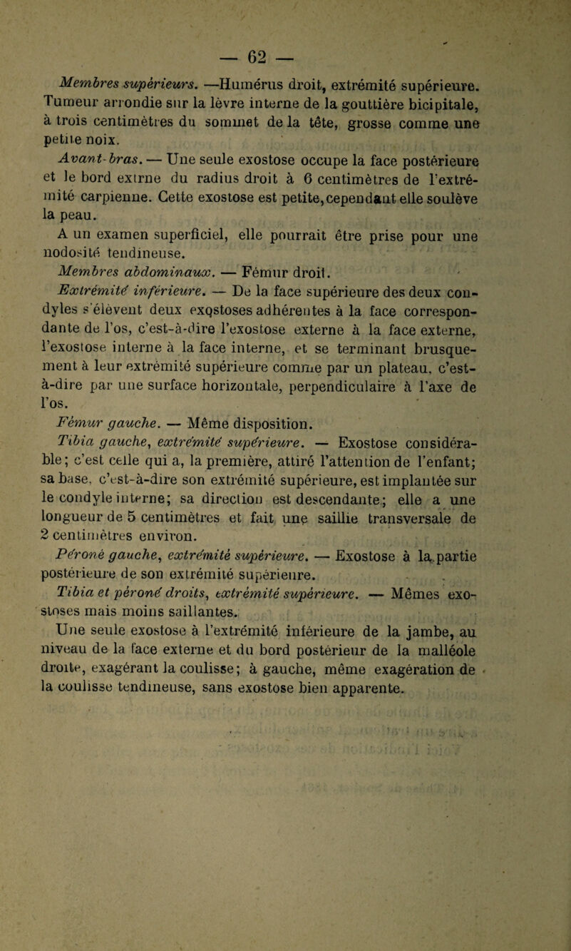 Membres supérieurs. —Humérus droit, extrémité supérieure. Tumeur arrondie sur la lèvre interne de la gouttière bicipitale, à trois centimètres du sommet de la tête, grosse comme une petite noix. Avant-bras. — Une seule exostose occupe la face postérieure et )e bord extrne du radius droit à 6 centimètres de l'extré¬ mité carpienne. Cette exostose est petite,cependant elle soulève la peau. A un examen superficiel, elle pourrait être prise pour une nodosité tendineuse. Membres abdominaux. — Fémur droit. Extrémité' inférieure. — De la face supérieure des deux con- dyles s'élèvent deux exQstoses adhérentes à la face correspon¬ dante de l’os, c’est-à-dire l’exostose externe à la face externe, l’exostose interne à la face interne, et se terminant brusque¬ ment à leur extrémité supérieure comme par un plateau, c’est- à-dire par une surface horizontale, perpendiculaire à l’axe de l’os. Fémur gauche. — Même disposition. Tibia gauche, extrémité supérieure. — Exostose considéra¬ ble; c’est celle qui a, la première, attiré l’attention de l’enfant; sa base, c’est-à-dire son extrémité supérieure, est implantée sur le condyle interne; sa direction est descendante; elle a une longueur de 5 centimètres et fait une saillie transversale de 2 centimètres environ. Péroné gauche, extrémité supérieure. — Exostose à Impartie postérieure de son extrémité supérieure. Tibia et péroné droits, extrémité supérieure. — Mêmes exo¬ stoses mais moins saillantes. Une seule exostose à l’extrémité inférieure de la jambe, au niveau de la face externe et du bord postérieur de la malléole droite, exagérant la coulisse; à gauche, même exagération de la coulisse tendineuse, sans exostose bien apparente.