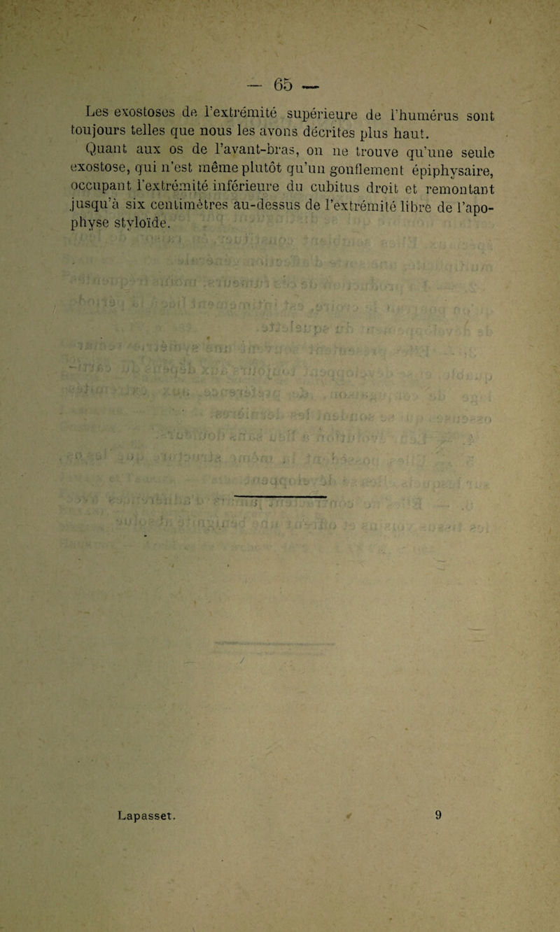 t ' - 65 — Les exostoses de l’extrémité supérieure de l’humérus sont toujours telles que nous les avons décrites plus haut. Quant aux os de l’avant-bras, on ne trouve qu’une seule exostose, qui n est même plutôt qu’un gonflement épiphysaire, occupant 1 extrémité inférieure du cubitus droit et remontant jusqu’à six centimètres au-dessus de l’extrémité libre de l’apo¬ physe stvloïde. i : Lapasset. 9
