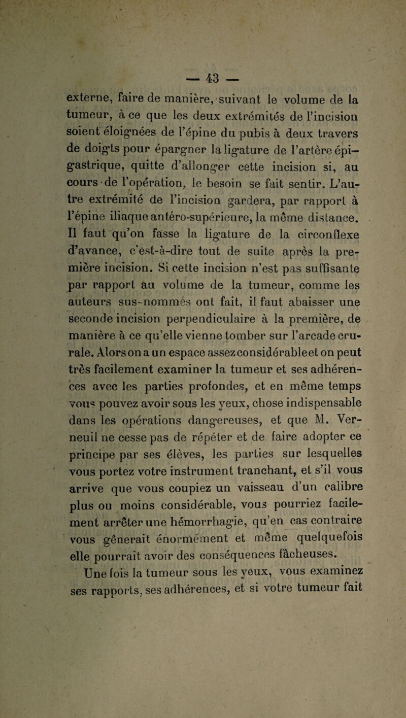 externe, faire de manière, suivant le volume de la tumeur, à ce que les deux extrémités de l’incision soient éloignées de l’épine du pubis à deux travers de doigts pour épargner la ligature de l’artère épi¬ gastrique, quitte d’allonger cette incision si, au cours de l’opération, le besoin se fait sentir. L’au¬ tre extrémité de l’incision gardera, par rapport à l’épine iliaque antéro-supérieure, la même distance. Il faut qu’on fasse la ligature de la circonflexe d’avance, c’est-à-dire tout de suite après la pre¬ mière incision. Si cette incision n’est pas suffisante par rapport au volume de la tumeur, comme les auteurs sus-nommés ont fait, il faut abaisser une seconde incision perpendiculaire à la première, de manière à ce qu’elle vienne tomber sur l’arcade cru¬ rale. Alors on a un espace assez considérableet on peut très facilement examiner la tumeur et ses adhéren¬ ces avec les parties profondes, et en même temps vous pouvez avoir sous les yeux, chose indispensable dans les opérations dangereuses, et que M. Ver- neuil ne cesse pas de répéter et de faire adopter ce principe par ses élèves, les parties sur lesquelles vous portez votre instrument tranchant, et s’il vous arrive que vous coupiez un vaisseau d’un calibre plus ou moins considérable, vous pourriez facile¬ ment arrêter une hémorrhagie, qu’en cas contraire vous gênerait énormément et même quelquefois elle pourrait avoir des conséquences fâcheuses. Une fois la tumeur sous les yeux, vous examinez ses rapports, ses adhérences, et si votre tumeur fait