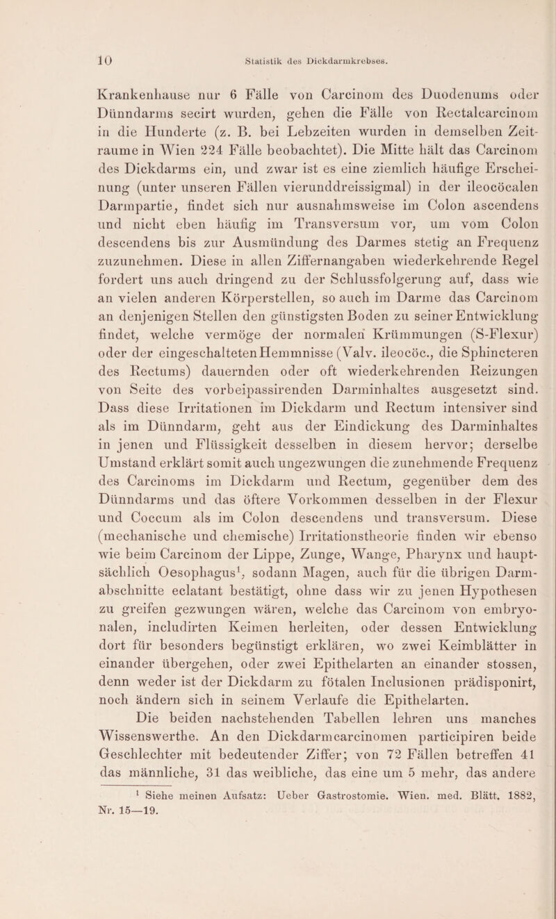 Krankenhause nur 6 Fälle von Carcinom des Duodenums oder Dünndarms secirt wurden^ geken die Fälle von Rectalcarcinom in die Hunderte (z. B. bei Lebzeiten wurden in demselben Zeit¬ räume in Wien 224 Fälle beobacbtet). Die Mitte bält das Carcinom des Dickdarms ein, und zwar ist es eine ziemlicb häufige Erschei¬ nung (unter unseren Fällen vierunddreissigmal) in der ileocöcalen Darmpartie, findet sieb nur ausnahmsweise im Colon ascendens und nicht eben häufig im Transversum vor, um vom Colon descendens bis zur Ausmündung des Darmes stetig an Frequenz zuzunebmen. Diese in allen Ziffernangaben wiederkebrende Regel fordert uns auch dringend zu der Schlussfolgerung auf, dass wie an vielen anderen Körperstellen, so auch im Darme das Carcinom an denjenigen Stellen den günstigsten Boden zu seiner Entwicklung findet, welche vermöge der normalen Krümmungen (S-Flexur) oder der eingescbaltetenHemmnisse (Valv. ileocöc., die Spbincteren des Rectums) dauernden oder oft wiederkebrenden Reizungen von Seite des vorbeipassirenden Darminbaltes ausgesetzt sind. Dass diese Irritationen im Dickdarm und Rectum intensiver sind als im Dünndarm, gebt aus der Eindickung des Darminbaltes in jenen und Flüssigkeit desselben in diesem hervor; derselbe Umstand erklärt somit auch ungezwungen die zunehmende Frequenz des Carcinoms im Dickdarm und Rectum, gegenüber dem des Dünndarms und das öftere Vorkommen desselben in der Flexur und Coccum als im Colon descendens und transversum. Diese (mechanische und chemische) Irritationstbeorie finden wir ebenso wie beim Carcinom der Lippe, Zunge, Wange, Pharynx und haupt¬ sächlich Oesophagus^; sodann Magen, auch für die übrigen Darm¬ abschnitte eclatant bestätigt, ohne dass wir zu jenen Hypothesen zu greifen gezwungen wären, welche das Carcinom von embryo¬ nalen, includirten Keimen herleiten, oder dessen Entwicklung dort für besonders begünstigt erklären, wo zwei Keimblätter in einander übergehen, oder zwei Epithelarten an einander stossen, denn weder ist der Dickdarm zu fötalen Inclusionen prädisponirt, noch ändern sich in seinem Verlaufe die Epithelarten. Die beiden nachstehenden Tabellen lehren uns manches Wissenswerthe. An den Dickdarmcarcinomen participiren beide Geschlechter mit bedeutender Ziffer*, von 72 Fällen betreffen 41 das männliche, 31 das weibliche, das eine um 5 mehr, das andere ^ Siehe meinen Aufsatz: lieber Gastrostomie. Wien. med. Blatt. 1882, Nr. 1.5—19.