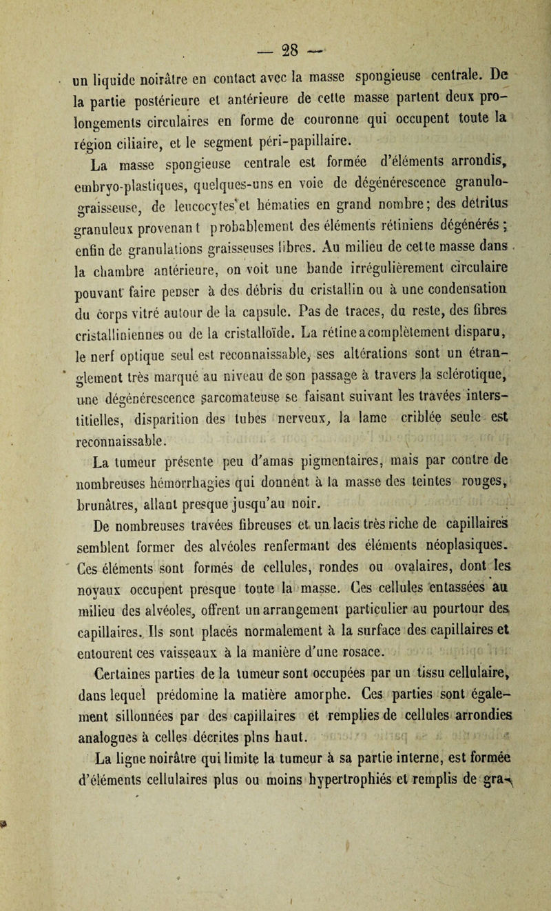 un liquide noirâtre en contact avec la masse spongieuse centrale. De la partie postérieure et antérieure de cette masse partent deux pro¬ longements circulaires en forme de couronne qui occupent toute la région ciliaire, et le segment péri-papiîlaire. La masse spongieuse centrale est formée d’éléments arrondis, embryo-plastiques, quelques-uns en voie de dégénérescence granulo- graisseuse, de leucocytes et hématies en grand nombre ; des détritus granuleux provenant probablement des éléments rétiniens dégénérés; enfin de granulations graisseuses libres. Au milieu de cette masse dans - la chambre antérieure, on voit une bande irrégulièrement circulaire pouvant' faire penser à des débris du cristallin ou à une condensation du corps vitré autour de la capsule. Pas de traces, du reste, des fibres cristalliniennes ou de la cristalloïde. La rétine a complètement disparu, le nerf optique seul est reconnaissable, ses altérations sont un étran- ■ glemeut très marqué au niveau de son passage à travers la sclérotique, une dégénérescence sarcomateuse se faisant suivant les travées inters¬ titielles, disparition des tubes nerveux, la lame criblée seule est reconnaissable. \‘- La tumeur présente peu d’amas pigmentaires, mais par contre de nombreuses hémorrhagies qui donnent à la masse des teintes rouges, brunâtres, allant presque jusqu’au noir. De nombreuses travées fibreuses et un lacis très riche de capillaires semblent former des alvéoles renfermant des éléments néoplasiques. Ces éléments sont formés de cellules, rondes ou ovalaires, dont les noyaux occupent presque toute la masse. Ces cellules entassées au milieu des alvéoles, offrent un arrangement particulier au pourtour des capillaires. Ils sont placés normalement à la surface des capillaires et entourent ces vaisseaux à la manière d'une rosace. Certaines parties de la tumeur sont occupées par un tissu cellulaire, dans lequel prédomine la matière amorphe. Ces parties sont égale¬ ment sillonnées par des capillaires et remplies de cellules arrondies analogues à celles décrites pins haut. La ligne noirâtre qui limite la tumeur à sa partie interne, est formée d’éléments cellulaires plus ou moins hypertrophiés et remplis de gra^ i