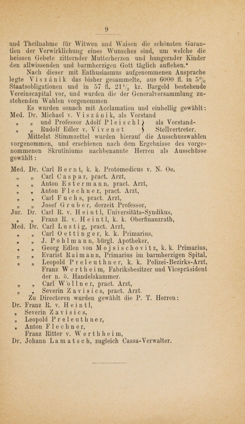 und Tlieilutihme für Witwen und Waison die sclionsten Garan¬ tien der Verwirklichung eines Wunsches sind, um welche die heissen Gebete zitternder Mutterherzen und hungernder Kinder den allwissenden und barmherzigen Gott täglich anflehen.“ Nach dieser mit Enthusiasmus aufgenommenen Ansprache legte Viszänik das bisher gesammelte, aus 6000 fl. in 5% Staatsobligationen und in 57 fl. 21'/g kr. Bargeld bestehende Vereinscapital vor, und wurden die der Generalversammlung zu¬ stehenden Wahlen vorgenommen. Es wurden sonach mit Acclamation und einhellig gewählt: Med. Dr. Michael v. V i s z ä n i k, als Vorstand „ „ und Professor Adolf Pleischl) als Vorstand- „ „ Kudolf Edler v. V i v e n o t ) Stellvertreter. Mittelst Stimmzettel wurden hierauf die Ausschusswahlen vorgenommen, und erschienen nach dem Ergebnisse des vorge¬ nommenen Skrutiniums nachbenannte Herren als Ausschüsse gewählt: Med. Dr. Carl B e r n t, k. k. Protomedicus v. N. Oe. „ „ Carl Caspar, pract. Arzt, „ „ Anton E s t e r m a n n, pract. Arzt, „ „ Anton P 1 e c h n e r, pract. Arzt, „ „ Carl Fuchs, pract. Arzt, „ „ Josef Grube r, derzeit Professor, Jur. Dr. Carl R. v. Heintl, Universitäts-Syndikus, „ „ Franz R. v. Heintl, k. k. Oberflnanzratb, Med. Dr. Carl Lustig, pract. Arzt, „ „ Carl 0 e 11 i n g e r, k. k. Primarius, „ „ J. P 0 h 1 m a n n, bürgl. Apotheker, „ „ Georg Edlen von M o j s i s c h o v i t z, k. k. Primarius, „ „ Evarist Rai mann, Primarius im barmherzigen Spital, „ „ Leopold P r e 1 e u t h n e r, k. k. Polizei-Bezirks-Arzt, Franz W e r t h e i m, Fabriksbesitzer und Vicepräsident der n. ö. Handelskammer. „ „ Carl W b 11 n e r, pract. Arzt, „ „ Severin Z a v i s i c s, pract. Arzt. Zu Directoren wurden gewählt die P. T. Herren: Dr. Franz R. v. Heintl, „ Severin Z a v i s i c s, „ Leopold P r e 1 e u t h n e r, „ Anton F 1 e c h n e r, Franz Ritter v. W e r t h h e i m, Dr. Johann Lamatsch, zugleich Cassa-Verwalter.