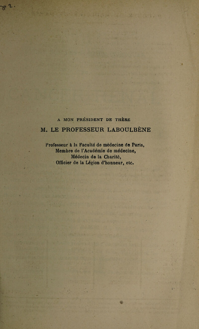 A MON PRÉSIDENT DE THÈSE M. LE PROFESSEUR LABOULBÈNE Professeur à la Faculté de médecine de Paris, Membre de l’Académie de médecine, Médecin de la Charité, Ofûcier de la Légion d’honneur, etc.