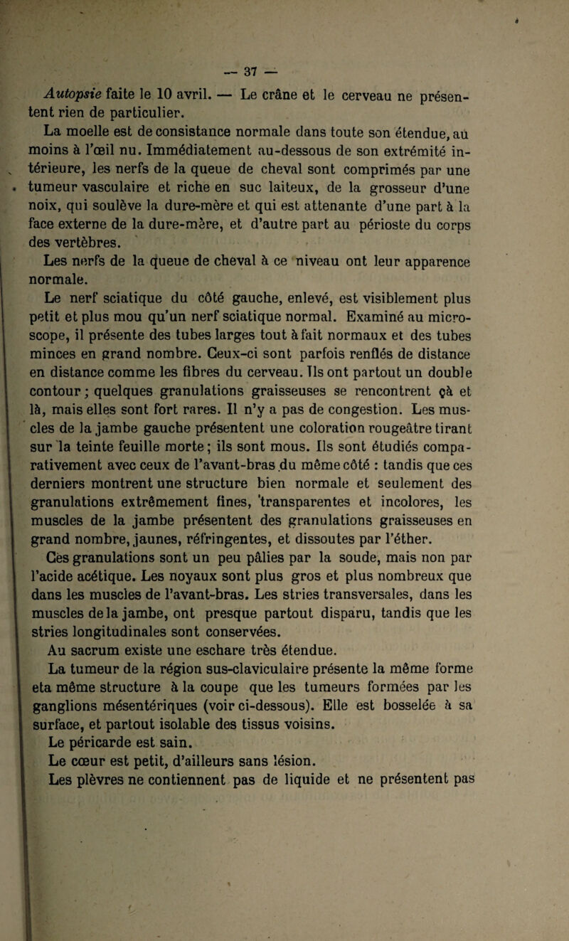 Autopsie faite le 10 avril. — Le crâne et le cerveau ne présen¬ tent rien de particulier. La moelle est de consistance normale dans toute son étendue, au moins à l'œil nu. Immédiatement au-dessous de son extrémité in- N térieure, les nerfs de la queue de cheval sont comprimés par une . tumeur vasculaire et riche en suc laiteux, de la grosseur d’une noix, qui soulève la dure-mère et qui est attenante d’une part à la face externe de la dure-mère, et d’autre part au périoste du corps des vertèbres. Les nerfs de la queue de cheval à ce niveau ont leur apparence normale. Le nerf sciatique du côté gauche, enlevé, est visiblement plus petit et plus mou qu’un nerf sciatique normal. Examiné au micro¬ scope, il présente des tubes larges tout à fait normaux et des tubes minces en grand nombre. Ceux-ci sont parfois renflés de distance en distance comme les fibres du cerveau. Ils ont partout un double contour ; quelques granulations graisseuses se rencontrent çà et là, mais elles sont fort rares. Il n’y a pas de congestion. Les mus¬ cles de la jambe gauche présentent une coloration rougeâtre tirant sur la teinte feuille morte; ils sont mous. Ils sont étudiés compa¬ rativement avec ceux de l’avant-bras du même côté : tandis que ces derniers montrent une structure bien normale et seulement des granulations extrêmement fines, ‘transparentes et incolores, les muscles de la jambe présentent des granulations graisseuses en grand nombre, jaunes, réfringentes, et dissoutes par l’éther. Cès granulations sont un peu pâlies par la soude, mais non par 1 l’acide acétique. Les noyaux sont plus gros et plus nombreux que dans les muscles de l’avant-bras. Les stries transversales, dans les muscles delà jambe, ont presque partout disparu, tandis que les S stries longitudinales sont conservées. Au sacrum existe une eschare très étendue. La tumeur de la région sus-claviculaire présente la même forme eta même structure à la coupe que les tumeurs formées par les ganglions mésentériques (voir ci-dessous). Elle est bosselée à sa surface, et partout isolable des tissus voisins. Le péricarde est sain. Le cœur est petit, d’ailleurs sans lésion. Les plèvres ne contiennent pas de liquide et ne présentent pas /