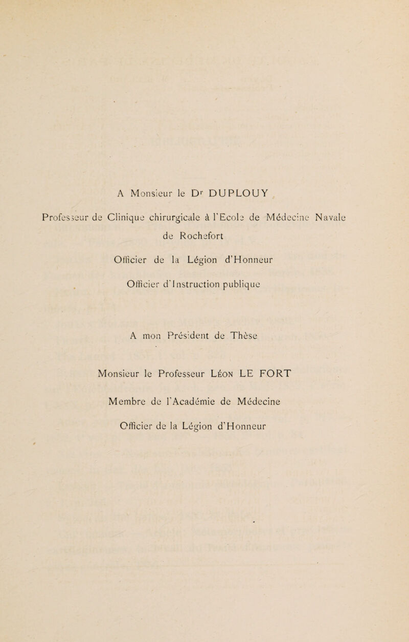 A Monsieur le D'1 DUPLOUY Professeur de Clinique chirurgicale à l'Ecole de Médecine Navale de Rochefort Officier de la Légion d’Honneur Officier d'instruction publique A mon Président de Thèse Monsieur le Professeur Léon LE FORT Membre de l'Académie de Médecine Officier de la Légion d’Honneur