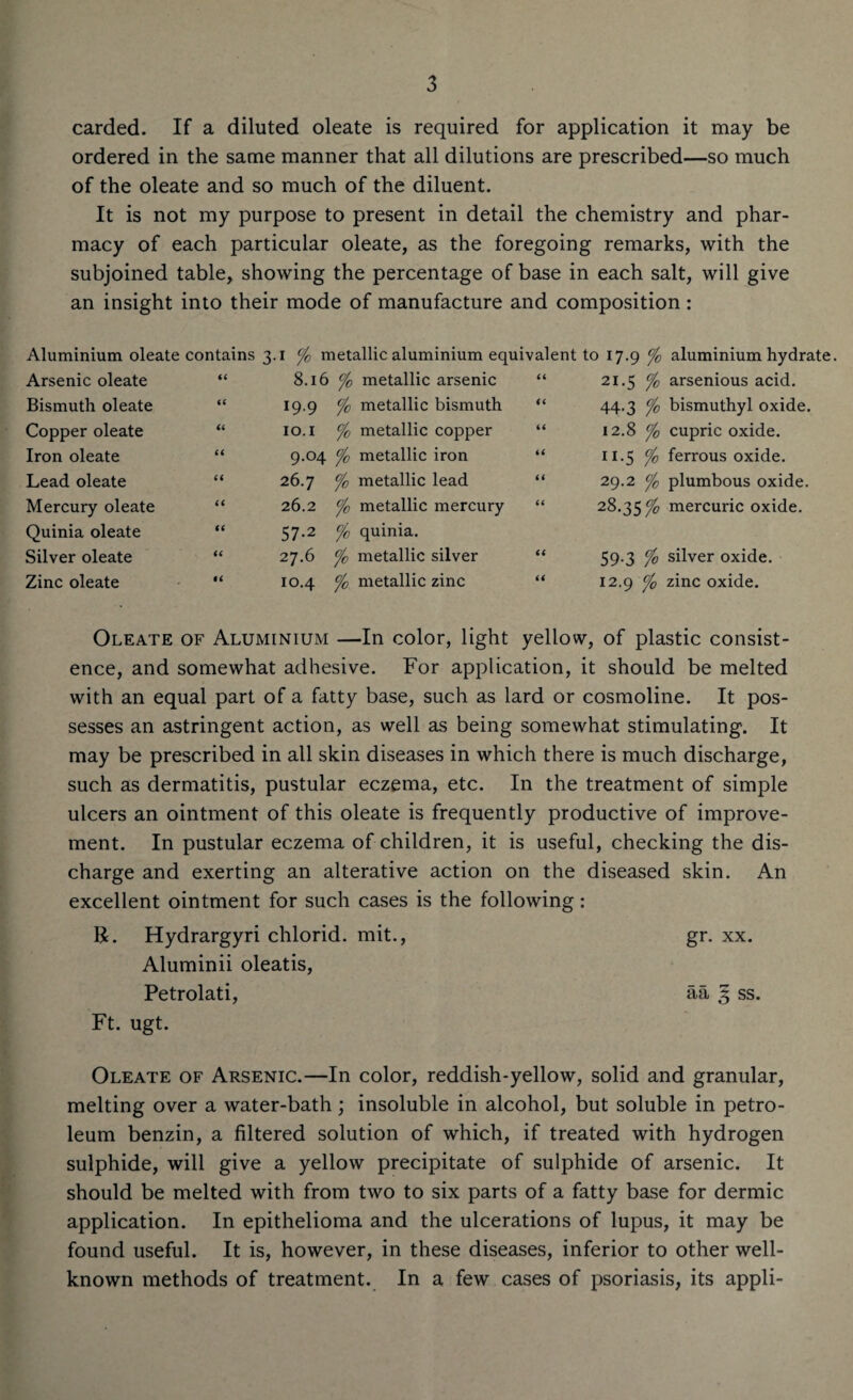 carded. If a diluted oleate is required for application it may be ordered in the same manner that all dilutions are prescribed—so much of the oleate and so much of the diluent. It is not my purpose to present in detail the chemistry and phar¬ macy of each particular oleate, as the foregoing remarks, with the subjoined table, showing the percentage of base in each salt, will give an insight into their mode of manufacture and composition: Aluminium oleate contains 3.1 % metallic aluminium equivalent to 17.9 % aluminium hydrate. Arsenic oleate a 8.16 % metallic arsenic ii 21.5 % arsenious acid. Bismuth oleate a 19.9 % metallic bismuth ft 44.3 °/0 bismuthyl oxide. Copper oleate is 10.1 °/0 metallic copper a 12.8 c/0 cupric oxide. Iron oleate a 9.04 a/0 metallic iron a 11.5 a/o ferrous oxide. Lead oleate a 26.7 °/o metallic lead a 29.2 % plumbous oxide. Mercury oleate a 26.2 °/o metallic mercury a 28.35% mercuric oxide. Quinia oleate a 57-2 c/o quinia. Silver oleate a 27.6 °/c metallic silver a 59.3 % silver oxide. Zinc oleate k 10.4 °/o metallic zinc a 12.9 °/0 zinc oxide. Oleate of Aluminium —In color, light yellow, of plastic consist¬ ence, and somewhat adhesive. For application, it should be melted with an equal part of a fatty base, such as lard or cosmoline. It pos¬ sesses an astringent action, as well as being somewhat stimulating. It may be prescribed in all skin diseases in which there is much discharge, such as dermatitis, pustular eczema, etc. In the treatment of simple ulcers an ointment of this oleate is frequently productive of improve¬ ment. In pustular eczema of children, it is useful, checking the dis¬ charge and exerting an alterative action on the diseased skin. An excellent ointment for such cases is the following: R. Hydrargyri chlorid. mit., gr. xx. Aluminii oleatis, Petrolati, aa 5 ss. Ft. ugt. Oleate of Arsenic.—In color, reddish-yellow, solid and granular, melting over a water-bath; insoluble in alcohol, but soluble in petro¬ leum benzin, a filtered solution of which, if treated with hydrogen sulphide, will give a yellow precipitate of sulphide of arsenic. It should be melted with from two to six parts of a fatty base for dermic application. In epithelioma and the ulcerations of lupus, it may be found useful. It is, however, in these diseases, inferior to other well- known methods of treatment. In a few cases of psoriasis, its appli-