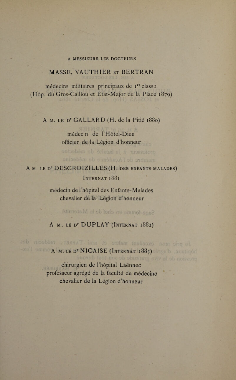 A MESSIEURS LES DOCTEURS MASSE, VAUTHIER et BERTRAN médecins militaires principaux de ire classe (Hôp. du Gros-Caillou et Etat-Major de la Place 1879) A m. le Dr GALLARD (H. de la Pitié 1880) médec’n de T Hôtel-Dieu officier de la Légion d'honneur Am. le Dr DESCROIZ1 LLES (H. des enfants malades) Internat 1881 médecin de l'hôpital des Enfants-Malades chevalier de la Légion d’honneur A m. le Dr DUPLAY (Internat 1882) A m. le Dr NICAISE (Internat 1883) chirurgien de l'hôpital Laënnec professeur agrégé de la faculté de médecine chevalier de la Légion d’honneur