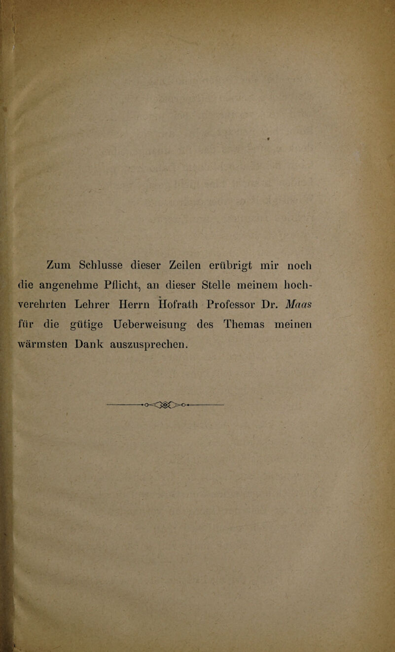 Zum Schlüsse dieser Zeilen erübrigt mir noch die angenehme Pflicht, an dieser Stelle meinem hoch- %• verehrten Lehrer Herrn Hofrath Professor Dr. Maas für die gütige Ueberweisung des Themas meinen wärmsten Dank auszusprechen.