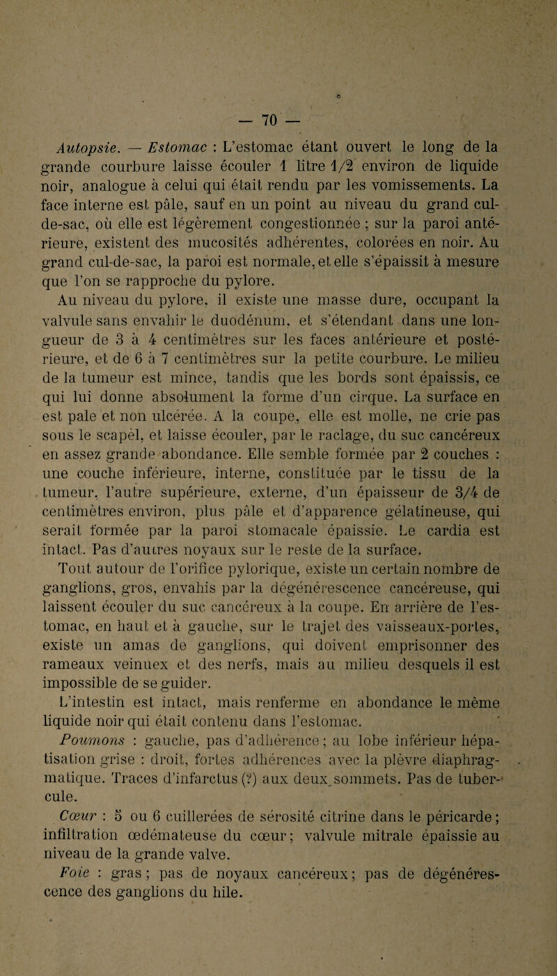 - 70 — Autopsie. — Estomac : L’estomac étant ouvert le long de la grande courbure laisse écouler 1 litre 1/2 environ de liquide noir, analogue à celui qui était rendu par les vomissements. La face interne est pâle, sauf en un point au niveau du grand cul- de-sac, où elle est légèrement congestionnée : sur la paroi anté¬ rieure, existent des mucosités adhérentes, colorées en noir. Au grand cul-de-sac, la paroi est normale, et elle s’épaissit à mesure que l’on se rapproche du pylore. Au niveau du pylore, il existe une masse dure, occupant la valvule sans envahir le duodénum, et s’étendant dans une lon¬ gueur de 3 à 4 centimètres sur les faces antérieure et posté¬ rieure, et de 6 à 7 centimètres sur la petite courbure. Le milieu de la tumeur est mince, tandis que les bords sont épaissis, ce qui lui donne absolument la forme d’un cirque. La surface en est pale et non ulcérée. A la coupe, elle est molle, ne crie pas sous le scapèl, et laisse écouler, par le raclage, du suc cancéreux en assez grande abondance. Elle semble formée par 2 couches : une couche inférieure, interne, constituée par le tissu de la tumeur, l’autre supérieure, externe, d’un épaisseur de 3/4 de centimètres environ, plus pâle et d’apparence gélatineuse, qui serait formée par la paroi stomacale épaissie. Le cardia est intact. Pas d’autres noyaux sur le reste de la surface. Tout autour de l’orifice pylorique, existe un certain nombre de ganglions, gros, envahis par la dégénérescence cancéreuse, qui laissent écouler du suc cancéreux à la coupe. En arrière de l’es¬ tomac, en haut et à gauche, sur le trajet des vaisseaux-portes, existe un amas de ganglions, qui doivent emprisonner des rameaux veinuex et des nerfs, mais au milieu desquels il est impossible de se guider. L'intestin est intact, mais renferme en abondance le même liquide noir qui était contenu dans l’estomac. Poumons : gauche, pas d’adhérence ; au lobe inférieur hépa¬ tisation grise : droit, fortes adhérences avec la plèvre diaphrag¬ matique. Traces d’infarctus (?) aux deux^sommets. Pas de tuber¬ cule. Cœur : 5 ou 6 cuillerées de sérosité citrine dans le péricarde; infiltration œdémateuse du cœur; valvule mitrale épaissie au niveau de la grande valve. Foie : gras; pas de noyaux cancéreux; pas de dégénéres¬ cence des ganglions du hile.