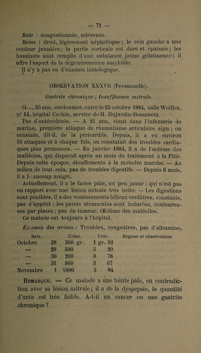 Rate : congestionnée, scléreuse. Reins ; droit, légèrement néphritique ; le rein gauche a une couleur jaunâtre ; la partie corticale est dure et épaissie; les bassinets sont remplis d’une substance jaune gélatineuse; il offre l’aspect de la dégénérescence amyloïde. Il n’y a pas eu d’examen histologique. OBSERVATION XXXVII (Personnelle). Gastrite chronique ; Insuffisance mitrale. G..., 55 ans, cordonnier, entré le 25 octobre 1884, salle Woillez, n° 14, hôpital Cochin, service de M. Dujardin-Beaumetz. Pas d'antécédents. — A 21 ans, étant dans l’infanterie de marine, première attaque de rhumatisme articulaire aigu ; on constate, dit-il, de la péricardite. Depuis, il a eu environ 10 attaques et à chaque fois, on constatait des troubles cardia¬ ques plus prononcés. — En janvier 1884, il a de l’oedème des malléoles, qui disparait après un mois de traitement à la Pitié. Depuis cette époque, étouffements à la moindre marche. — Au milieu de tout cela, pas de troubles digestifs. — Depuis 6 mois, 11 a beaucoup maigri. Actuellement, il a le faciès pâle, un peu jaune ; qui n’est pas en rapport avec une lésion mitrale très nette. — Les digestions sont pénibles, il a des vomissements bilieux verdâtres, constants, pas d’appétit ; les parois stomacales sont indurées, douloureu¬ ses par places ; pas de tumeur. Œdème des maléolles. Ce malade est toujours à l’hôpital. * Examen des urines : Troubles, rougeâtres, pas d’albumine. Date. Urine. Urée. Régime et observations Octobre 28 500 gr. 1 gr. 92 — 29 500 3 20 — 30 200 0 78 — 31 800 3 07 Novembre 1 1000 3 84 Remarque. — Ce malade a une teinte pâle, en contradic¬ tion avec sa lésion mitrale ; il a de la dyspepsie, la quantité d’urée est très faible. A-t-il un cancer ou une gastrite chronique ?