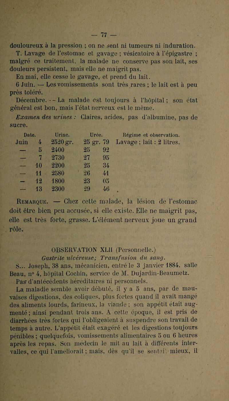 douloureux à la pression ; on ne sent ni tumeurs ni induration. T. Lavage de l’estomac et gavage ; vésicatoire à l’épigastre ; malgré ce traitement, la malade ne conserve pas son lait, ses douleurs persistent, mais elle ne maigrit pas. En mai, elle cesse le gavage, et prend du lait. 6 Juin. — I^es vomissements sont très rares ; le lait est à peu près toléré. Décembre.--La malade est toujours à l’hôpital; son état général est bon, mais l'état nerveux est le même. Examen des urines : sucre. Glaires, acides, pas d’albumine, pas de Date. Urine. Urée. Régime et observation. Juin 4 2320 gr. 23 gr. 79 Lavage ; lait : 2 litres. — 3 2400 23 92 — 7 2730 27 93 — 10 2200 23 34 — 11 2380 1 26 41 - 12 1800 23 03 13 2300 29 46 . Remarque. — Chez cette malade, la lésion de l’estomac doit être bien peu accusée, si elle existe. Elle ne maigrit pas, elle est très forte, grasse. L’élément nerveux joue un grand rôle, OBSERVATION XL1I (Personnelle.) Gastrite ulcéreuse; Transfusion du sang. S... Joseph, 38 ans, mécanicien, entré le 3 janvier 1884, salle Beau, n° 4, hôpital Cochin, service de M. Dujardin-Beaumetz. Pas1 d’antécédents héréditaires ni personnels. La maladie semble avoir débuté, il y a 5 ans, par de mau¬ vaises digestions, des coliques, plus fortes quand il avait mangé des aliments lourds, farineux, la viande ; son appétit était aug¬ menté ; ainsi pendant trois ans. A cette époque, il est pris de diarrhées très fortes qui l’obligeaient à suspendre son travail de temps à autre. L’appétit était exagéré et les digestions toujours pénibles ; quelquefois, vomissements alimentaires 3 ou 6 heures après les repas. Son médecin le mit au lait à différents inter¬ valles, ce qui l’améliorait ; mais, dès qu'il se sentait mieux, il /