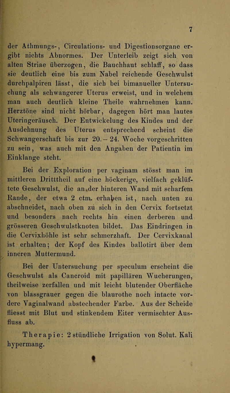 der Athmungs-, Circulations- und Digestionsorgane er¬ gibt nichts Abnormes. Der Unterleib zeigt sich von alten Striae überzogen, die Bauchhaut schlaff, so dass sie deutlich eine bis zum Nabel reichende Geschwulst durchpalpiren lässt, die sich bei bimanueller Untersu¬ chung als schwangerer Uterus erweist, und in welchem man auch deutlich kleine Theile wahrnehmen kann. Herztöne sind nicht hörbar, dagegen hört man lautes Uteringeräusch. Der Entwickelung des Kindes und der Ausdehnung des Uterus entsprechend scheint die Schwangerschaft bis zur 20.— 24. Woche vorgeschritten zu sein, was auch mit den Angaben der Patientin im Einklänge steht. Bei der Exploration per vaginam stösst man im mittleren Dritttheil auf eine höckerige, vielfach geklüf- tete Geschwulst, die an .der hinteren Wand mit scharfem Bande, der etwa 2 ctm. erhaben ist, nach unten zu abschneidet, nach oben zu sich in den Cervix fortsetzt und besonders nach rechts hin einen derberen und grösseren Geschwulstknoten bildet. Das Eindringen in die Cervixhöhle ist sehr schmerzhaft. Der Cervixkanal ist erhalten; der Kopf des Kindes ballotirt über dem inneren Muttermund. Bei der Untersuchung per speculum erscheint die Geschwulst als Cancroid mit papillären Wucherungen, theilweise zerfallen und mit leicht blutender Oberfläche von blassgrauer gegen die blaurothe noch intacte vor¬ dere Vaginalwand abstechender Farbe. Aus der Scheide fliesst mit Blut und stinkendem Eiter vermischter Aus¬ fluss ab. Therapie: 2 stündliche Irrigation von Solut. Kali hypermang. t