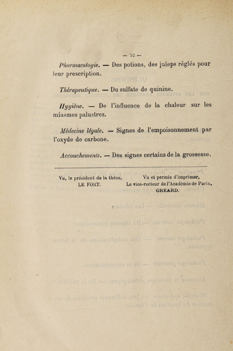 Pharmacologie. — Des potions, des juieps réglés pour leur prescription. Thérapeutique. — Du sulfate de quinine. Hygiène. — De l’influence de la chaleur sur les miasmes palustres. Médecine légale. — Signes de l’empoisonnement par l’oxyde de carbone. Accouchements. —» Des signes certains de la grossesse. Vu, le président de la thèse, Vu et permis d’imprimer, LE FORT. Le vice-recteur de l’Académie de Paris, GREARD. ✓ V I