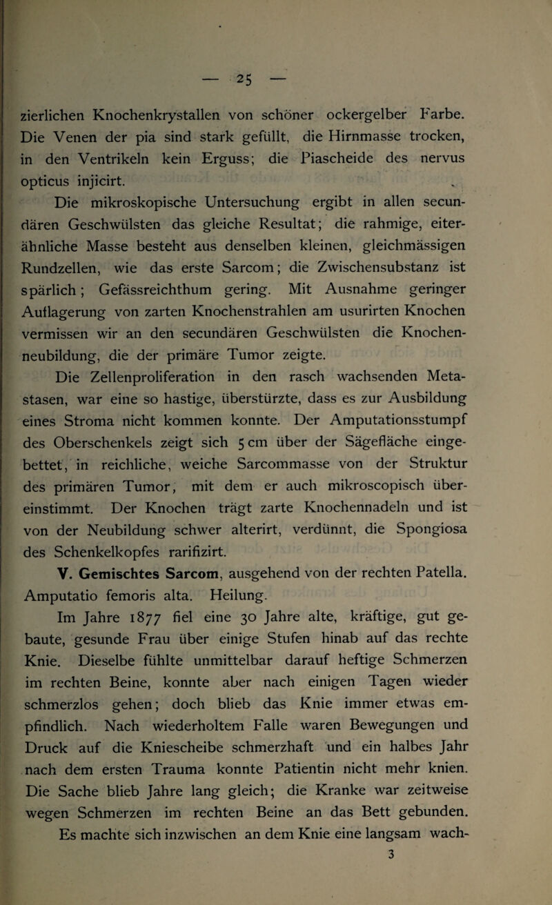 zierlichen Knochenkrystallen von schöner ockergelber Farbe. Die Venen der pia sind stark gefüllt, die Hirnmasse trocken, in den Ventrikeln kein Erguss; die Piascheide des nervus opticus injicirt. Die mikroskopische Untersuchung ergibt in allen secun- dären Geschwülsten das gleiche Resultat; die rahmige, eiter¬ ähnliche Masse besteht aus denselben kleinen, gleichmässigen Rundzellen, wie das erste Sarcom; die Zwischensubstanz ist spärlich; Gefässreichthum gering. Mit Ausnahme geringer Auflagerung von zarten Knochenstrahlen am usurirten Knochen vermissen wir an den secundären Geschwülsten die Knochen¬ neubildung, die der primäre Tumor zeigte. Die Zellenproliferation in den rasch wachsenden Meta¬ stasen, war eine so hastige, überstürzte, dass es zur Ausbildung eines Stroma nicht kommen konnte. Der Amputationsstumpf des Oberschenkels zeigt sich 5 cm über der Sägefläche einge¬ bettet, in reichliche, weiche Sarcommasse von der Struktur des primären Tumor, mit dem er auch mikroscopisch über¬ einstimmt. Der Knochen trägt zarte Knochennadeln und ist von der Neubildung schwer alterirt, verdünnt, die Spongiosa des Schenkelkopfes rarifizirt. V. Gemischtes Sarcom, ausgehend von der rechten Patella. Amputatio femoris alta. Heilung. Im Jahre 1877 fiel eine 30 Jahre alte, kräftige, gut ge¬ baute, gesunde Frau über einige Stufen hinab auf das rechte Knie. Dieselbe fühlte unmittelbar darauf heftige Schmerzen im rechten Beine, konnte aber nach einigen Tagen wieder schmerzlos gehen; doch blieb das Knie immer etwas em¬ pfindlich. Nach wiederholtem Falle waren Bewegungen und Druck auf die Kniescheibe schmerzhaft und ein halbes Jahr nach dem ersten Trauma konnte Patientin nicht mehr knien. Die Sache blieb Jahre lang gleich; die Kranke war zeitweise wegen Schmerzen im rechten Beine an das Bett gebunden. Es machte sich inzwischen an dem Knie eine langsam wach- 3