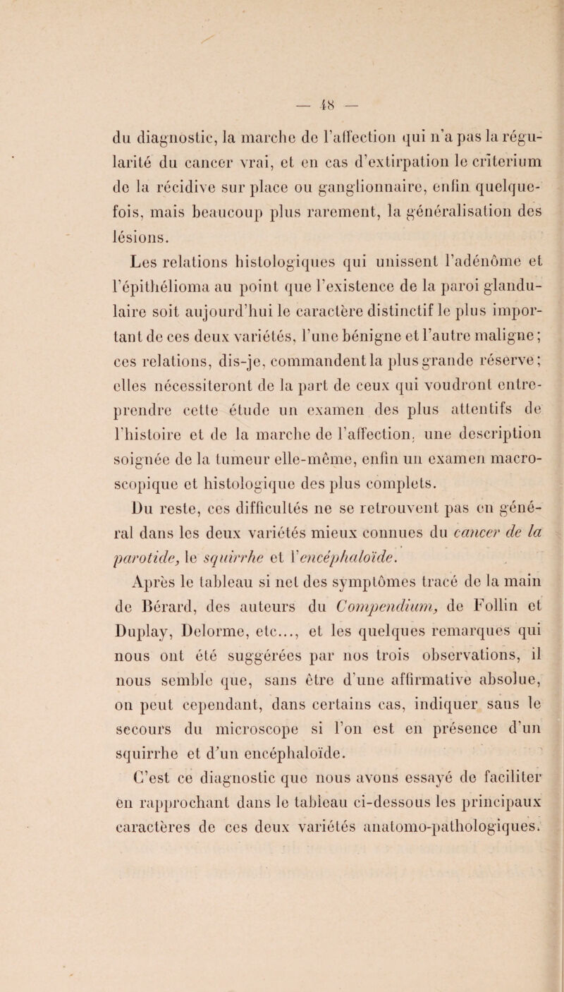 du diagnostic, la marche de l’affection qui n’a pas la régu¬ larité du cancer vrai, et en cas d’extirpation le critérium de la récidive sur place ou ganglionnaire, enfin quelque¬ fois, mais beaucoup plus rarement, la généralisation des lésions. Les relations histologiques qui unissent l’adénome et l’épithélioma au point que l’existence de la paroi glandu¬ laire soit aujourd’hui le caractère distinctif le plus impor¬ tant de ces deux variétés, l’une bénigne et l’autre maligne ; ces relations, dis-je, commandent la plus grande réserve; elles nécessiteront de la part de ceux qui voudront entre¬ prendre cette étude un examen des plus attentifs de l’histoire et de la marche de l’affection, une description soignée de la tumeur elle-même, enfin un examen macro¬ scopique et histologique des plus complets. Du reste, ces difficultés ne se retrouvent pas en géné¬ ral dans les deux variétés mieux connues du cancer de la parotide, le squirrhe et X encèphaloïde. Après le tableau si net des symptômes tracé de la main de Bérard, des auteurs du Compendium, de Follin et Duplay, Delorme, etc..., et les quelques remarques qui nous ont été suggérées par nos trois observations, il nous semble que, sans être d’une affirmative absolue, on peut cependant, dans certains cas, indiquer saus le secours du microscope si l’on est en présence d’un squirrhe et d’un encèphaloïde. C’est ce diagnostic que nous avons essayé de faciliter en rapprochant dans le tableau ci-dessous les principaux caractères de ces deux variétés anatomo-pathologiques;