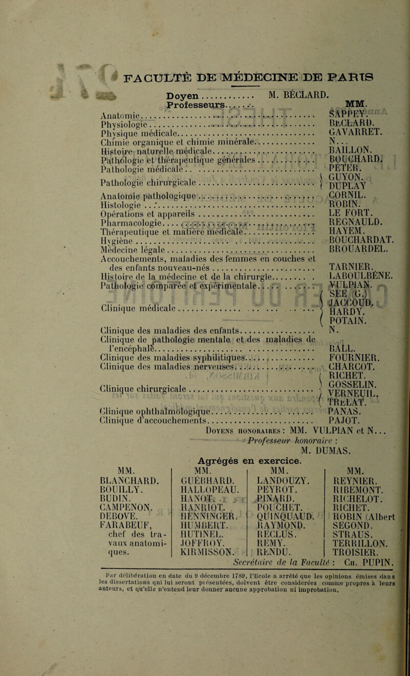 Doyen. . M. BÉCLARD. Professeurs. MM. Anatomie.... SAPPEY. Physiologie.... BlCLARD. Physique médicale. GAVARRET. Chimie organique et chimie minérale. N... Histoire naturelle médicale. BAILLON. Pathologie et thérapeutique générales. BOUCHARD. Pathologie médicale. PETER. , j GUYON. Pathologie chirurgicale. j pupL^Y Anatomie pathologique .. CORNIL. Histologie .. :.. ROBIN. Opérations et appareils. LE FORT. Pharmacologie............ REGNAULD. Thérapeutique et matière médicale.... HAYEM. Hygiène ....BOUCHARDAT. Médecine légale. BROUARDEL. Accouchements, maladies des femmes en couches et des enfants nouveau-nés. TARNIER. Histoire de la médecine et de la chirurgie. LABOULBENE. Pathologie comparée et expérimentale... VULP1AN. ( SEE (G.) rr . . \ JACCOUD. Clinique medicale. < jj^RDY ( P Ol’Al N. Clinique des maladies des enfants. N. Clinique de pathologie mentale et des maladies de l’encéphale.. BÀLL. Clinique des maladies syphilitiques. FOURNIER. Clinique des maladies nerveuses..— CHARCOT. . ( RICHET. Clinique chirurgicale. VERnIüIL. ( ÎRüLAT. Clinique ophthalmologique. PANAS. Clinique d’accouchements. PAJÛT. Doyens honoraires: MM. VULP1AN et N... Professeur honoraire : M. DUMAS. Agrégés en exercice. MM. REYNIER. RIBEMONT. RICHELOT. RICHET. ROBIN (Albert SECOND. STRAUS. TERRILLON. TROISIER. __: Ch. PUPIN. Par délibération en date du ü décembre 1789, TEcole a arrêté que les opinions émises dans les dissertations qui lui seront pi ésentées, doivent être considérées comme propres à leurs auteurs, et qu'elle n’entend leur donner aucune approbation ni improbation. MM. MM. MM. BLANCHARD. GUÉBHARD. LANDOUZY. BOUILLY. HALLOPEAU. PEYROT. BUDIN. HANOÏ. . PINARD. CAMPENON. IIANRÏOT. POUCHET. DEBOVE. h èn Singer. QUINQUAUD. UARABEUF, HUMBERT. RAYMOND. chef des tra¬ HUTINEL. RECLUS. vaux anatomi¬ JOFFROY. REMY. ques. K1RM1SS0N. RENDU. Secrétaire de la Faculté