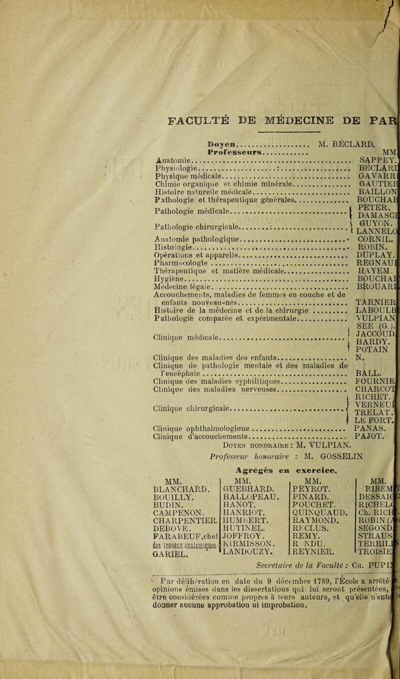 FACULTÉ DE MÉDECINE DE PAH Doyen. M. BÉCLARD. Professeurs. MM Anatomie. SAPPEY. Physiologie...:... BÉCLAR Physique médicale. GAVARR Chimie organique et chimie minérale... GAUTIE- Histoire naturelle médicale. BAILLON Pathologie et thérapeutique générales. BOUCHA Pathologie médicale.| Pathologie chirurgicale... :.\ t LANNELOl Anatomie pathologique.....• CORNIL. Histologie... ROBIN. Opérations et appareils. DUPLAY., Pharmacologie. REGNAUj Thérapeutique et matière médicale. HAYEM. Hygiène... BOUCHAI Médecine légale. BROUARI Accouchements, maladies de femmes en couche et de enfants nouveau-nés.. TARNIERl Histoire de la médecine et de la chirurgie. LAB0UL1 Pathologie comparée et expérimentale. AULPIANl , SEE^(G.). Clinique médicale......{ 1 1 i HARDY. 1 * POTAIN Clinique des maladies des enfants. N. Clinique de pathologie mentale et des maladies de l’encéphale.. BALL. Clinique des maladies syphilitiques. FOURNIE] Clinique des maladies nerveuses. CHARCO^ RICHET. VERNEU1 TRELAT.l LE FORT.) Clinique ophthalmologicrue. PANAS. Clinique d’accouchements.PAJOT. Doyen honoraire : M. VULPIAN. Clinique chirurgicale. Professeur honoraire : M. GOSSELIN Agrégés en exercice. MM. MM. MM. MM. BLANCHARD. GUEBHARD. PEYROT. R IB EM BOUILLY. HALLOPEAU. PINARD. DESSAIC BUD1N. HANOT. POUCHET. RICHEL( CAMPENON. HANRIOT. QUINQUAUI). Ch. RICH CHARPENTIER. HUMBERT. RAYMOND. ROBIN (J DEBOVE. H U TIN EL. RECLUS. SEGOND FARABEUF,chel JOFFROY. REMY. STRAUS des travaux anatomiques GARIEL. KIRMISSON. «LANDOUZY. R NDU. TERRIL! REYNIER. TROISIE Secrétaire de la Faculté : Ch. PUPII Par délibération en date du 9 décembre 4789, l’École a arrêté opinions émises dans les dissertations qui lui seront présentées, ■ri être considérées comme propres à leurs auteurs, et qu’elle n’ent donner aucune approbation ni improbation. 1s