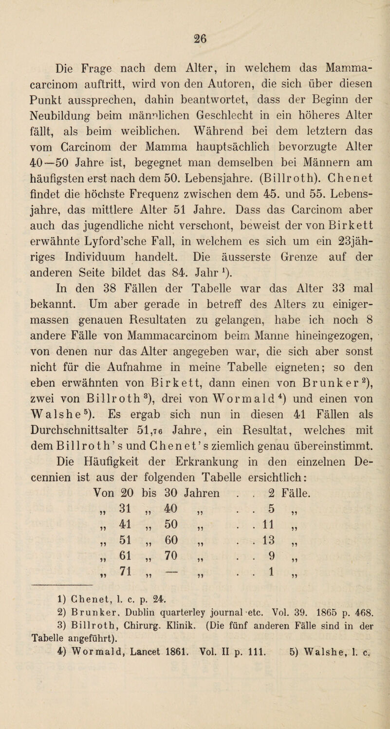 26 Die Frage nach dem Alter, in welchem das Mamma- carcinom auftritt, wird von den Antoren, die sich über diesen Punkt aussprechen, dahin beantwortet, dass der Beginn der Neubildung beim männlichen Geschlecht in ein höheres Alter fällt, als beim weiblichen. Während bei dem letztem das vom Garcinom der Mamma hauptsächlich bevorzugte Alter 40—50 Jahre ist, begegnet man demselben bei Männern am häufigsten erst nach dem 50. Lebensjahre. (Billroth). Ghenet findet die höchste Frequenz zwischen dem 45. und 55. Lebens¬ jahre, das mittlere Alter 51 Jahre. Dass das Garcinom aber auch das jugendliche nicht verschont, beweist der von Birkett erwähnte Lyford’sche Fall, in welchem es sich um ein 23jäh- riges Individuum handelt. Die äusserste Grenze auf der anderen Seite bildet das 84. Jahr l). In den 38 Fällen der Tabelle war das Alter 33 mal bekannt. Um aber gerade in betreff des Alters zu einiger- massen genauen Resultaten zu gelangen, habe ich noch 8 andere Fälle von Mammacarcinom beim Manne hineingezogen, von denen nur das Alter angegeben war, die sich aber sonst nicht für die Aufnahme in meine Tabelle eigneten; so den eben erwähnten von Birkett, dann einen von Br unk er2), zwei von Billroth3), drei von Wormald4) und einen von Wals he5). Es ergab sich nun in diesen 41 Fällen als Durchschnittsalter 51,76 Jahre, ein Resultat, welches mit dem B i 11 r o t h ’ s und G h e n e t ’ s ziemlich genau übereinstimmt. Die Häufigkeit der Erkrankung in den einzelnen De- cennien ist aus der folgenden Tabelle ersichtlich: Von 20 bis 30 Jahren . . 2 Fälle. 11 31 „ 40 ii . . 5 ii 11 41 „ 50 ii . . 11 ii 11 51 „ 60 ii . . 13 ii 11 61 „ 70 ii . . 9 ii 11 71 ii . . 1 ii et, 1. c. p. 24. 2) Brunker, Dublin quarterley journaletc. Vol. 39. 1865 p. 468. 3) Billroth, Chirurg. Klinik. (Die fünf anderen Fälle sind in der Tabelle angeführt).