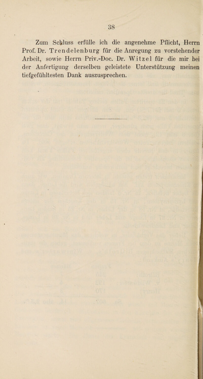 Zum Schluss erfülle ich die angenehme Pflicht, Herrn Prof. Dr. Trendelenburg für die Anregung zu vorstehender Arbeit, sowie Herrn Priv.-Doc. Dr. Witzei für die mir bei der Anfertigung derselben geleistete Unterstützung meinen tiefgefühltesten Dank auszusprechen.