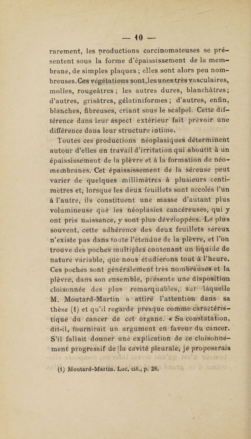 rarement, les productions carcinomateuses se pré¬ sentent sous la forme d’épaississement de la mem¬ brane, de simples plaques ; elles sont alors peu nom¬ breuses.Ces végétations sont,les unes très vasculaires, molles, rougeâtres; les autres dures, blanchâtres; d’autres, grisâtres, gélatiniformes ; d’autres, enfin, blanches, fibreuses, criant sous le scalpel. Cette dif— lérence dans leur aspect extérieur fait prévoir une différence dans leur structure intime. Toutes ces productions néoplasiques déterminent autour d’elles un travail d’irritation qui aboutit à un épaississement de la plèvre et à la formation de néo¬ membranes. Cet épaississement de la séreuse peut varier de quelques millimètres à plusieurs centi¬ mètres et, lorsque les deux feuillets sont accolés l’un à l’autre, ils constituent une masse d’autant plus volumineuse que les néoplasies cancéreuses, qui y ont pris naissance, y sont plus développées. Le plus souvent, cette adhérence des deux feuillets séreux n’existe pas dans foute l’étendue de la plèvre, et l’on trouve des poches multiples contenant un liquide de nature variable, que nous étudierons tout à l’heure. Ces poches sont généralement très nombreuses et la plèvre, dans son ensemble, présente une disposition cloisonnée des plus remarquables, sur laquelle M. Moutard-Martin a attiré l’attention dans sa thèse (1) et qu’il regarde presque comme caractéris¬ tique du cancer de cet organe. « Sa constatation, dit-il, fournirait un argument eh faveur du cancer. S’il fallait donner une explication de ce cloisonne¬ ment progressif de la cavité pleurale, je proposerais (1) Moutard-Martin. Loc. cit., p. 28.