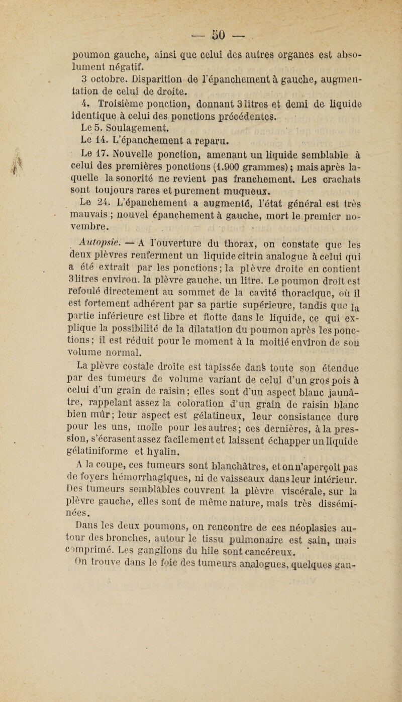 poumon gauche, ainsi que celui des autres organes est abso¬ lument négatif. 3 octobre. Disparition de l’épanchement à gauche, augmen¬ tation de celui de droite. 4. Troisième ponction, donnant 3 litres et demi de liquide identique à celui des ponctions précédentes. Le 5. Soulagement. Le 14. L’épanchement a reparu. Le 17. Nouvelle ponction, amenant un liquide semblable à celui des premières ponctions (1.900 grammes); mais après la¬ quelle la sonorité ne revient pas franchement. Les crachats sont toujours rares et purement muqueux. Le 24. L’épanchement a augmenté, l’état général est très mauvais ; nouvel épanchement à gauche, mort le premier no¬ vembre. . - Autopsie. — A l’ouverture du thorax, on constate que les deux plèvres renferment un liquide citrin analogue à celui qui a été extrait par les ponctions ; la plèvre droite en contient 3litres environ, la plèvre gauche, un litre. Le poumon droit est refoulé directement au sommet de la cavité thoracique, où il est fortement adhérent par sa partie supérieure, tandis que ja partie inférieure est libre et flotte dans le liquide, ce qui ex¬ plique la possibilité de la dilatation du poumon après les ponc¬ tions ; il est réduit pour le moment à la moitié environ de sou volume normal. La plèvre costale droite est tapissée danls toute son étendue par des tumeurs de volume variant de celui d'un gros pois à celui d'un grain de raisin; elles sont d'un aspect blanc jaunâ¬ tre, rappelant assez la coloration d’un grain de raisin blanc bien mûr; leur aspect est gélatineux, leur consistance dure pour les uns, molle pour les autres; ces dernières, à la pres¬ sion, s écrasent assez facilement et laissent échapper un liquide gélatiniforme et hyalin. A la coupe, ces tumeurs sont blanchâtres, et on n’aperçoit pas de foyers hémorrhagiques, ni de vaisseaux dans leur intérieur. Des tumeurs semblables couvrent la plèvre viscérale, sur la plèvre gauche, elles sont de même nature, mais très dissémi¬ nées. Dans les deux poumons, on rencontre de ces néoplasies au¬ tour des bronches, autour le tissu pulmonaire est sain, mais comprimé. Les ganglions du hile sont cancéreux. * On trouve dans le foie des tumeurs analogues, quelques gan-