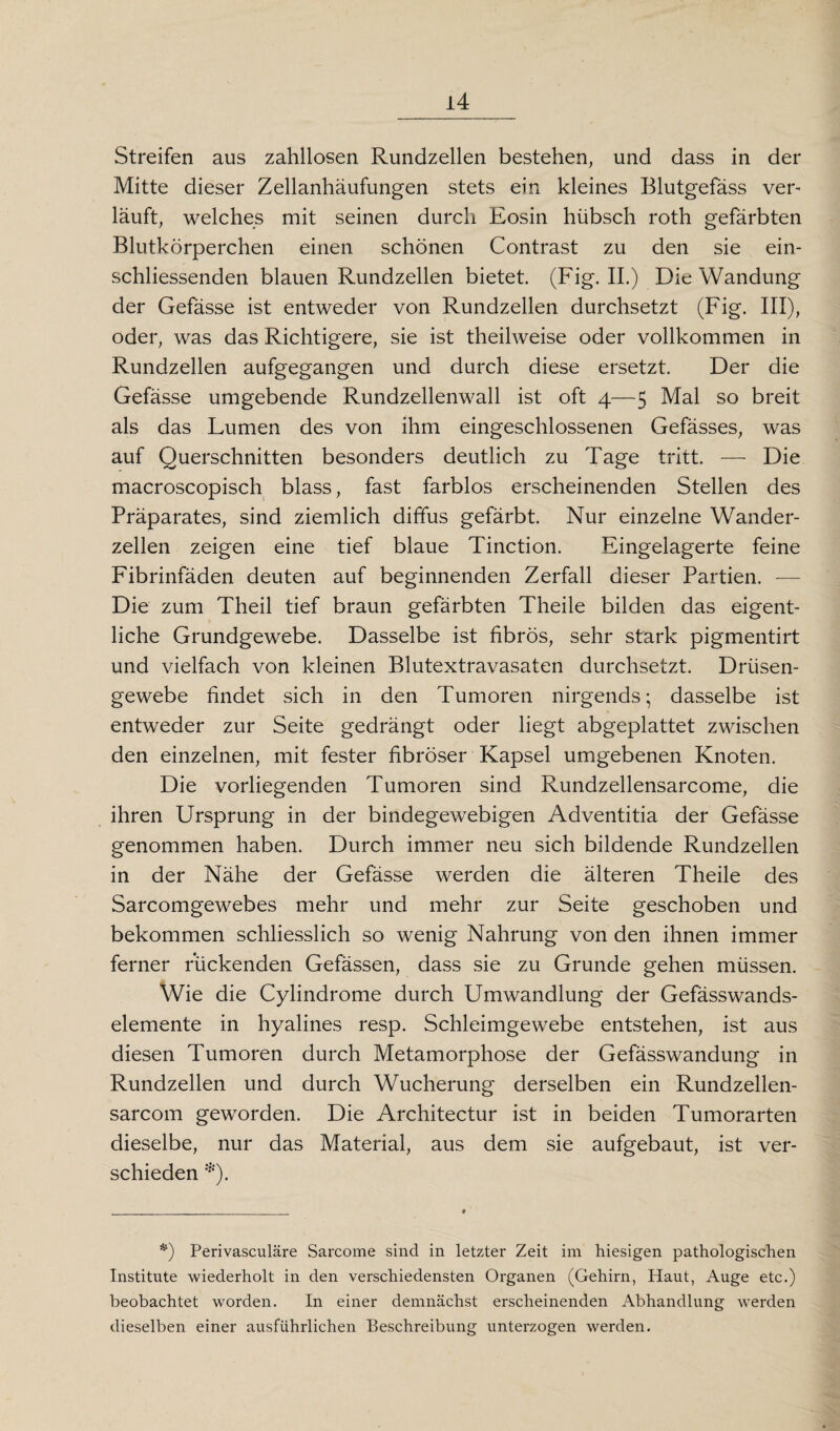 Streifen aus zahllosen Rundzellen bestehen, und dass in der Mitte dieser Zellanhäufungen stets ein kleines Blutgefäss ver¬ läuft, welches mit seinen durch Eosin hübsch roth gefärbten Blutkörperchen einen schönen Contrast zu den sie ein- schliessenden blauen Rundzellen bietet. (Fig. II.) Die Wandung der Gefässe ist entweder von Rundzellen durchsetzt (Fig. III), oder, was das Richtigere, sie ist theilweise oder vollkommen in Rundzellen aufgegangen und durch diese ersetzt. Der die Gefässe umgebende Rundzellenwall ist oft 4—5 Mal so breit als das Lumen des von ihm eingeschlossenen Gefässes, was auf Querschnitten besonders deutlich zu Tage tritt. — Die macroscopisch blass, fast farblos erscheinenden Stellen des Präparates, sind ziemlich diffus gefärbt. Nur einzelne Wander¬ zellen zeigen eine tief blaue Tinction. Eingelagerte feine Fibrinfäden deuten auf beginnenden Zerfall dieser Partien. — Die zum Theil tief braun gefärbten Theile bilden das eigent¬ liche Grundgewebe. Dasselbe ist fibrös, sehr stark pigmentirt und vielfach von kleinen Blutextravasaten durchsetzt. Drüsen¬ gewebe findet sich in den Tumoren nirgends; dasselbe ist entweder zur Seite gedrängt oder liegt abgeplattet zwischen den einzelnen, mit fester fibröser Kapsel umgebenen Knoten. Die vorliegenden Tumoren sind Rundzellensarcome, die ihren Ursprung in der bindegewebigen Adventitia der Gefässe genommen haben. Durch immer neu sich bildende Rundzellen in der Nähe der Gefässe werden die älteren Theile des Sarcomgewebes mehr und mehr zur Seite geschoben und bekommen schliesslich so wenig Nahrung von den ihnen immer ferner ruckenden Gefässen, dass sie zu Grunde gehen müssen. Wie die Cylindrome durch Umwandlung der Gefasswands- elemente in hyalines resp. Schleimgewebe entstehen, ist aus diesen Tumoren durch Metamorphose der Gefässwandung in Rundzellen und durch Wucherung derselben ein Rundzellen- sarcom geworden. Die Architectur ist in beiden Tumorarten dieselbe, nur das Material, aus dem sie aufgebaut, ist ver¬ schieden *). *) Perivasculäre Sarcome sind in letzter Zeit im hiesigen pathologischen Institute wiederholt in den verschiedensten Organen (Gehirn, Haut, Auge etc.) beobachtet worden. In einer demnächst erscheinenden Abhandlung werden dieselben einer ausführlichen Beschreibung unterzogen werden.