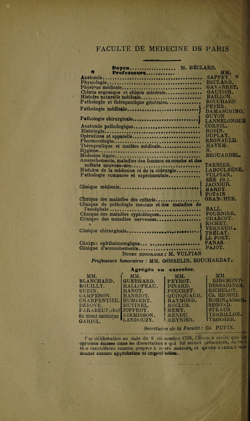 Doyen.. M. BÉCLARD, ^ Professeurs...... MM. Anatomie.... SAPPEY. ^ Physiologie. BECLARD. Physique médicale. GAVaRRET. Chimie organique et chimie minérale.GAUTIER. Histoife hattirelle médicale.... BAILLON. Pathologie et thérapeutique générales... BOUCHARD. Pathologie médicale. ...j daM^^CHINO. Pathologie chirurgicale.j L^ANNELONGUB Anatomie pathologique....,..,,-#... CORNIL. Histologie... ROBIN. Opérations et appareils.. DUPLAY. Pharmacologie...... REGNAULD. Thérapeutique et matière médicale..• HAYEM. Hygiène..... N. Médecine légale. . BROUARDEL. Accouchements, maladies des femmes en couche et des enfants nouveau-nés.... TARNIER., Histoire de la médecine et de la chirurgie.. LABOULBENB# Pathologie comparée et expérimentale... VULPIAN. , SEE (G.). Clinique médicale^.....j g^^oY * 1 POTAIN* Cliiliquê des maladies des enfants... GRANcHER. Clinique de pathologie mentale et des maladies de Tencéphale... BALL. Clinique des maladies syphilitiques. . .... FOURNIER. Clinique des maladies nerveuses...... CHAIICOT. Clinique chirurgicale. RICHET. VERNEUIL. TRELAT. LE FORT. PANAS. Ciiniqui. ophthalmorogîque... .....r**.*.»»***.** Clinique d’accouchements.... PAJOT. Doyen honoraire : M. VULPIAN Professeurs honoraires : MM. GOSSELIN, BOUCHARD AT. Agrégés en exercice. MM. MM. MM. BLANCHARD. guebhard. IPEYROT. BOUILLY. HALLOPEAU. î PINARD. BUDIN. HANOT. iPOUCHET. CAMPENON. hanriot. ^OUINQUAUD. CHARPENTIEFL HUMBERT. RAYMOND. DEBOVE. HUTINEL. ..RECLUS. FARABEUF,cheî JOFFROY. •iREMY. ■ dis travaux anatomiirues gariel. KIRMISSON. 'RENDU. landouzy. ^ REYNIER. MM. RIBEMONT* DESSAIGNES. R1CHEL01'. Ch. RICHET. R0B1N.( Albert), SECOND. STRAUS TERRILLON. TROiôlER. Secrétaine de la Faculté : Cu PUPIN. Par délibé?iation eu date du 9 nié teoïbro 1789, rÉcole a ariûlc que leu opinions éirdses dans le» dissertation s qui lui seront [ircsentécs, iIü.vomI être considérées comme propres à le'urs .auteur», et quelle uentend leur douaer aucune approbation ni imph’ol lation.