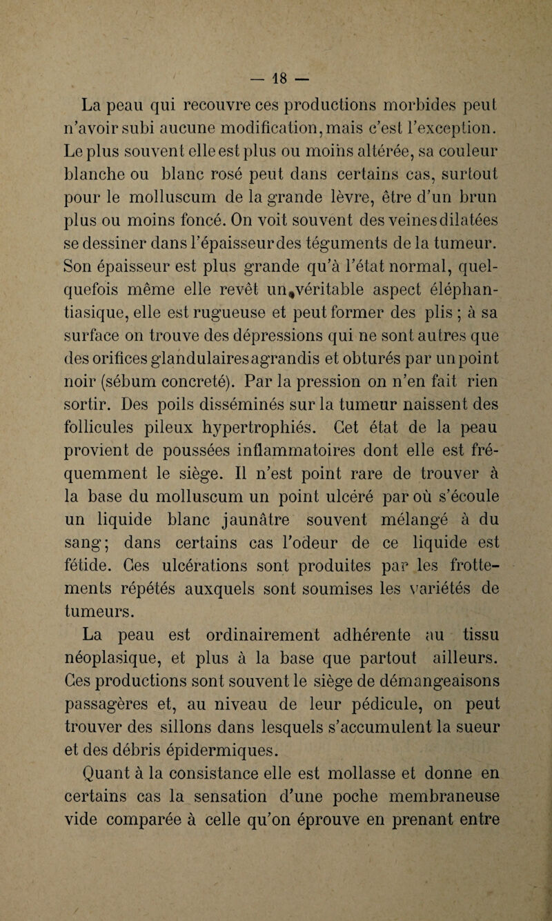 La peau qui recouvre ces productions morbides peut n’avoir subi aucune modification, mais c’est l’exception. Le plus souvent elle est plus ou moins altérée, sa couleur blanche ou blanc rosé peut dans certains cas, surtout pour le molluscum de la grande lèvre, être d’un brun plus ou moins foncé. On voit souvent des veines dilatées se dessiner dans l’épaisseur des téguments de la tumeur. Son épaisseur est plus grande qu’à l’état normal, quel¬ quefois même elle revêt un^véritable aspect éléphan- tiasique, elle est rugueuse et peut former des plis ; à sa surface on trouve des dépressions qui ne sont autres que des orifices glandulaires agrandis et obturés par un point noir (sébum concreté). Par la pression on n’en fait rien sortir. Des poils disséminés sur la tumeur naissent des follicules pileux hypertrophiés. Cet état de la peau provient de poussées inflammatoires dont elle est fré¬ quemment le siège. Il n’est point rare de trouver à la base du molluscum un point ulcéré par où s’écoule un liquide blanc jaunâtre souvent mélangé à du sang; dans certains cas l’odeur de ce liquide est fétide. Ges ulcérations sont produites par les frotte¬ ments répétés auxquels sont soumises les variétés de tumeurs. La peau est ordinairement adhérente au tissu néoplasique, et plus à la base que partout ailleurs. Ges productions sont souvent le siège de démangeaisons passagères et, au niveau de leur pédicule, on peut trouver des sillons dans lesquels s’accumulent la sueur et des débris épidermiques. Quant à la consistance elle est mollasse et donne en certains cas la sensation d’une poche membraneuse vide comparée à celle qu’on éprouve en prenant entre