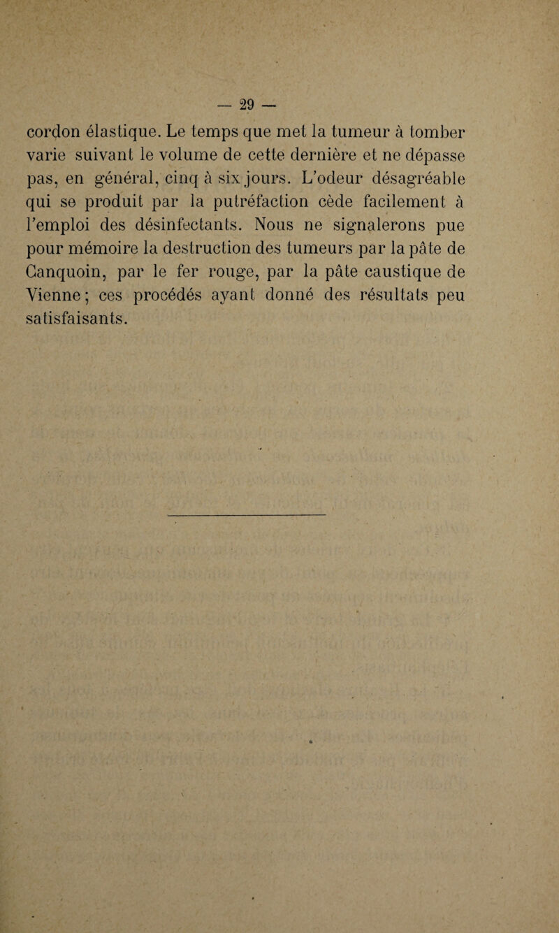 cordon élastique. Le temps que met la tumeur à tomber varie suivant le volume de cette dernière et ne dépasse pas, en général, cinq à six jours. L’odeur désagréable qui se produit par la putréfaction cède facilement à l’emploi des désinfectants. Nous ne signalerons pue pour mémoire la destruction des tumeurs par la pâte de Canquoin, par le fer rouge, par la pâte caustique de Vienne; ces procédés ayant donné des résultats peu satisfaisants. \