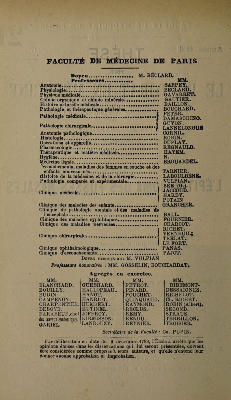 FACULTÉ DE MÉDECINE DE PARIS Doyen.. M. BÉCLARD, Professeurs.. MM. Anatomie... SAPPEY. Physiologie.... BECLARD. Physique médicale.•••••••••••••• GAVARRET* Chimie organique et chimie minérale... GAUTIER. Histoire naturelle médicale.. BAILLON. Pathologie et thérapeutique générales. ..••••••••••• BOUCHARD. Pathologie médicale.f daMASCHINO. Pathologie chirurgicale.| LANNELONOOB Anatomie pathologique.•••••••.. CORNIL. Histologie...... ROBIN. Opérations et appareils... DUPLAY. Pharmacologie. REGNAULD. Thérapeutique et matière médicale..... HAYEM. Hygiène. N. Médecine légale. BROUARDEL. Nccouchements, maladies des femmes en couche et des enfants nouveau-nés. TARNIER., Histoire de la médecine et de la chirurgie... LABOULBENE» Pathologie comparée et expérimentale............. VULPIAN. | SEE (GÂ. Clinique médicale.••••••••••••) * I POTAIN Clinique des maladies des enfants. .. GRANCHER. Clinique de pathologie mentale et des maladies de l’encéphale. BALL. Clinique des maladies syphilitiques. FOURNIER. Clinique des maladies nerveuses... CHARCOT. RICHET. Clinique chirurgicale. VERNEUIU TRELAT. LE FORT. Clinique ophthalmologique.. PANAS. Clinique d’accouchements.... PAJOT. Doyen honoraire : M. VULPIAN Professeur» honoraires : MM. GOSSELIN, BOUCHARDAT* Agrégés en exercice. MM. BLANCHARD. BOUILLY. BUDIN. CAMPENON. CHARPENTIER. DEBOVE. FARABEUF,ebef des travaux anatomiques GARIEL, MM. GUEBHARD. HALLOPEAU HANOT. HANRIOT. HUMBERT. H U TIN EL. JOFFROY. KIRMISSON. LANDOUZY. MM. PEYROT. PINARD. POUCHET. QUINQUAUD RAYMOND. RECLUS. REMY. RENDU. REYNIER. MM. RIBEMONT- DESSAIGNES. RICHELOT. Ch. RICHET. ROBIN (Albert) SEGOND. STRAUS. TERRILLON. TROISIER. Secrétaire de la Faculté : Ch, PUPIN. - ; ’ Par délibération en date du 9 décembre 1789, l’Ecole a arrête que les opinions émises dans les disser tâtions qui lui seront présentées, doivent êC’o considérées comme propres à leurs auteurs, et qu’elle n’entend leur donner aucune approbation ni improbation.