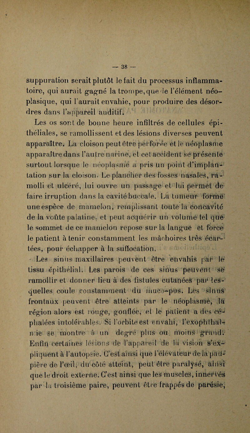 suppuration serait plutôt le fait du processus inflamma¬ toire, qui aurait gagné la trompe, que de l’élément néo¬ plasique, qui l’aurait envahie, pour produire des désor¬ dres dans l’appareil auditif. Les os sont de bonne heure infiltrés de cellules épi¬ théliales, se ramollissent et des lésions diverses peuvent apparaître. La cloison peut être perforée et le néoplasme apparaître dans l’autre narine, et cet accident së présente surtout lorsque le néoplasme a pris un point d’implan¬ tation sur la cloison. Le plancher des fosses nasales, ra¬ molli et ulcéré, lui ouvre un passage et lui permét de faire irruption dans la cavitébuocale. La tumeur forme uneespèce de mamelon, remplissant toute la concavité de la voûte palatine, et peut acquérir un volume tel que le sommet de ce mamelon repose sur la langue et force le patient à tenir constamment les mâchoires très écar¬ tées, pour échapper à la suffocation. Les sinus maxillaires peuvent être envahis par lé tissu épithélial. Les parois de ces sinus peuvent sé ramollir et donner lieu à des fistules cutanées par les¬ quelles coule constamment du muco-püs. Les sinus1 frontaux peuvent être atteints par le néoplasme, la région alors est rouge, gonflée, et le patient a des cé¬ phalées intolérables. Si l’orbite est envahi, Lexophlhal- n ie âë montre à un degré plus ou. moins grand. Enfin certaines lésions de l’appareil de la vision s’ex¬ pliquent à L autopsie. C’est ai nsi que l’élévateur de la pau¬ pière de l’œil, du côté atteint, peut être paralysé, ainsi que le droit externe. C’est ainsi que les muscles, innervés par la troisième paire, peuvent être frappés de parésie,