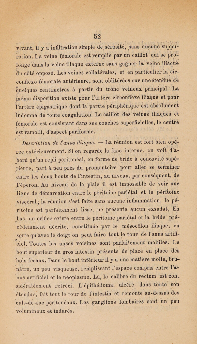 vivant, il y a infiltration simple de sérçsité, sans aucune suppu¬ ration. La veine fémorale est remplie par un caillot qui se pro- ' ; . ? longe dans la veine iliaque externe sans gagner la veine iliaque du côté opposé. Les veines collatérales, et en particulier la cir¬ conflexe fémorale antérieure, sont oblitérées sur une étendue de quelques centimètres à partir du tronc veineux principal. La même disposition existe pour l’artère circonflexe iliaque et pour l’artère épigastrique dont la partie périphérique est absolument indemne de toute coagulation. Le caillot des veines iliaques et fémorale est consistant dans ses couches superficielles, le centre i, T * ' ' ' . - est ramolli, d’aspect puriforme. Description de Vanus iliaque. — La réunion est fort bien opé¬ rée extérieurement. Si on regarde la face interne, on voit d’a¬ bord qu’un repli péritonéal, en forme de bride à. concavité supé¬ rieure, part à peu près du promontoire pour aller se terminer entre les deux bouts de l’intestin, au niveau, par conséquent, de l’éperon. Au niveau de la plaie il est impossible de voir une ligne de démarcation entre le péritoine pariétal et le péritoine viscéral; la réunion s’est faite sans aucune inflammation, le pé¬ ritoine est parfaitement lisse, ne présente aucun exsudât. En bas, un orifice existe entre le péritoine pariétal et la bride pré¬ cédemment décrite, constituée par le mésocôlon iliaque, en sorte qu’avec le doigt on peut faire tout le tour de l’anus artifi¬ ciel. Toutes les anses voisines sont parfaitement mobiles. Le bout supérieur du gros intestin présente de place en place des bols fécaux. Dans le bout inférieur il y a une matière molle, bru¬ nâtre, un peu visqueuse, remplissant l’espace compris entre 1 a- nus artificiel et le néoplasme. Là, le calibre du rectum est con¬ sidérablement rétréci. L’épithélioma, ulcéré dans toute son étendue, fait tout le tour de l’intestin et remonte au-dessus des culs-de-sac péritonéaux. Les ganglions lombaires sont un peu volumineux et indurés.