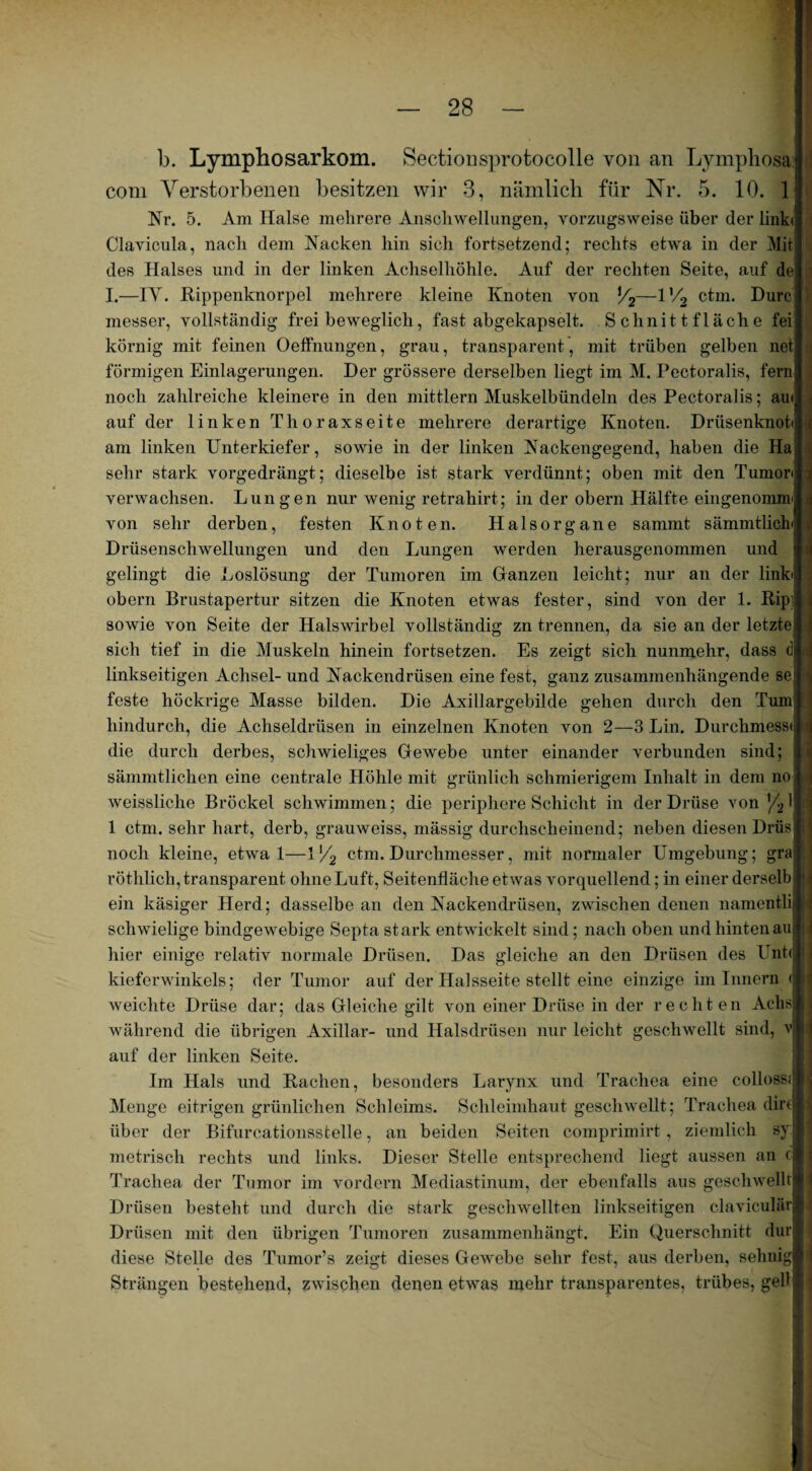 b. Lymphosarkom. Sectioiisprotocolle von an Lymphosa com Verstorbenen besitzen wir 3, nämlich für Nr. 5. 10. 1 Nr. 5. Am Halse mehrere Anschwellungen, vorzugsweise über der link Clavicula, nach dem Nacken hin sich fortsetzend; rechts etwa in der Mit des Halses und in der linken Achselhöhle. Auf der rechten Seite, auf de I.—IY. Rippenknorpel mehrere kleine Knoten von */2—1’/2 ctm. Durc messer, vollständig frei beweglich, fastabgekapselt. Schnittfläche fei körnig mit feinen Oeffnungen, grau, transparent, mit trüben gelben net förmigen Einlagerungen. Der grössere derselben liegt im M. Pectoralis, fern noch zahlreiche kleinere in den mittlern Muskelbündeln des Pectoralis; au< auf der linken Thoraxseite mehrere derartige Knoten. Drüsenknot am linken Unterkiefer, sowie in der linken Nackengegend, haben die Ha sehr stark vorgedrängt; dieselbe ist stark verdünnt; oben mit den Tumor verwachsen. Lungen nur wenig retrahirt; in der obern Hälfte eingenomm von sehr derben, festen Knoten. Halsorgane sanimt sämmtlich Drüsenschwellungen und den Lungen werden herausgenommen und gelingt die Loslösung der Tumoren im Ganzen leicht; nur an der link obern Brustapertur sitzen die Knoten etwas fester, sind von der 1. Rip sowie von Seite der Halswirbel vollständig zn trennen, da sie an der letzte sich tief in die Muskeln hinein fortsetzen. Es zeigt sich nunmehr, dass <3 linkseitigen Achsel- und Nackendrüsen eine fest, ganz zusammenhängende se feste höckrige Masse bilden. Die Axillargebilde gehen durch den Tum hindurch, die Achseldrüsen in einzelnen Knoten von 2—3 Lin. Durclimessi die durch derbes, schwieliges Gewebe unter einander verbunden sind; sämmtlichen eine centrale Höhle mit grünlich schmierigem Inhalt in dem no weissliche Brockel schwimmen; die periphere Schicht in der Drüse von */21 1 ctm. sehr hart, derb, grauweiss, mässig durchscheinend; neben diesen Drüs noch kleine, etwa 1—1/2 ctm. Durchmesser, mit normaler Umgebung; gra röthlich, transparent ohne Luft, Seitenfläche etwas vorquellend; in einer derselb ein käsiger Herd; dasselbe an den Nackendrüsen, zwischen denen namentli schwielige bindgewebige Septa stark entwickelt sind; nach oben und hinten au hier einige relativ normale Drüsen. Das gleiche an den Drüsen des Unt< kieferwinkeis; der Tumor auf der Halsseite stellt eine einzige im Innern < weichte Drüse dar; das Gleiche gilt von einer Drüse in der rechten Achs während die übrigen Axillar- und Halsdrüsen nur leicht geschwellt sind, vj auf der linken Seite. _ Im Hals und Rachen, besonders Larynx und Trachea eine colloss;* | Menge eitrigen grünlichen Schleims. Schleimhaut geschwellt; Trachea dir« über der Bifurcationssteile, an beiden Seiten comprimirt, ziemlich sy | metrisch rechts und links. Dieser Stelle entsprechend liegt aussen an ( Trachea der Tumor im vordem Mediastinum, der ebenfalls aus geschwellt 7 u I Drüsen besteht und durch die stark geschwellten linkseitigen claviculär Drüsen mit den übrigen Tumoren zusammenhängt. Ein Querschnitt dur diese Stelle des Tumor’s zeigt dieses Gewebe sehr fest, aus derben, sehnig ! Strängen bestehend, zwischen denen etwas mehr transparentes, trübes, gell